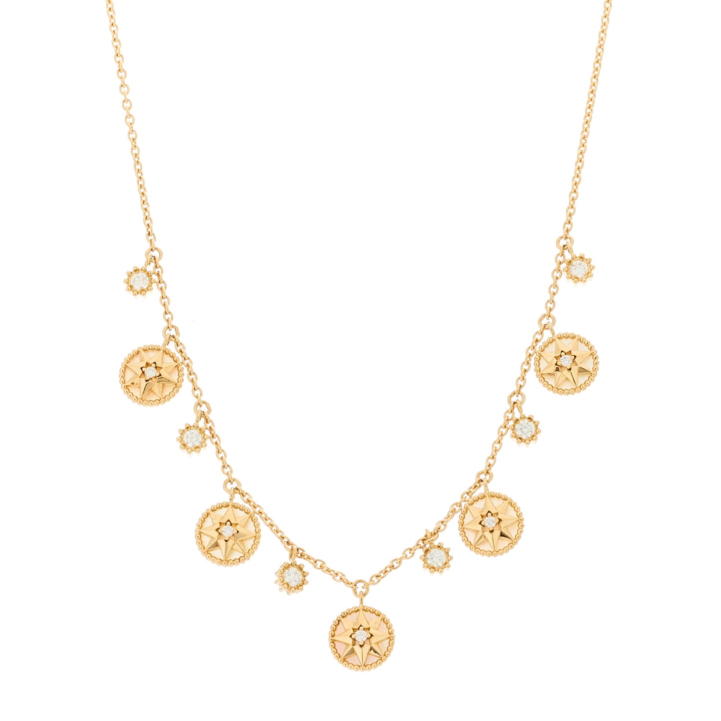 18K Yellow Gold Diamond Mother of Pearl Rose Des Vents 5-Station Necklace