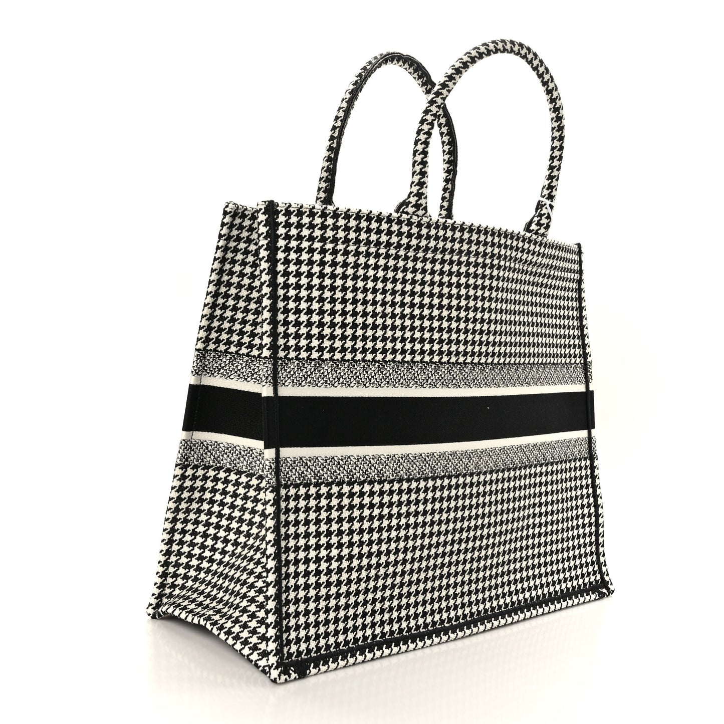 Canvas Houndstooth Embroidered Large Book Tote Black White