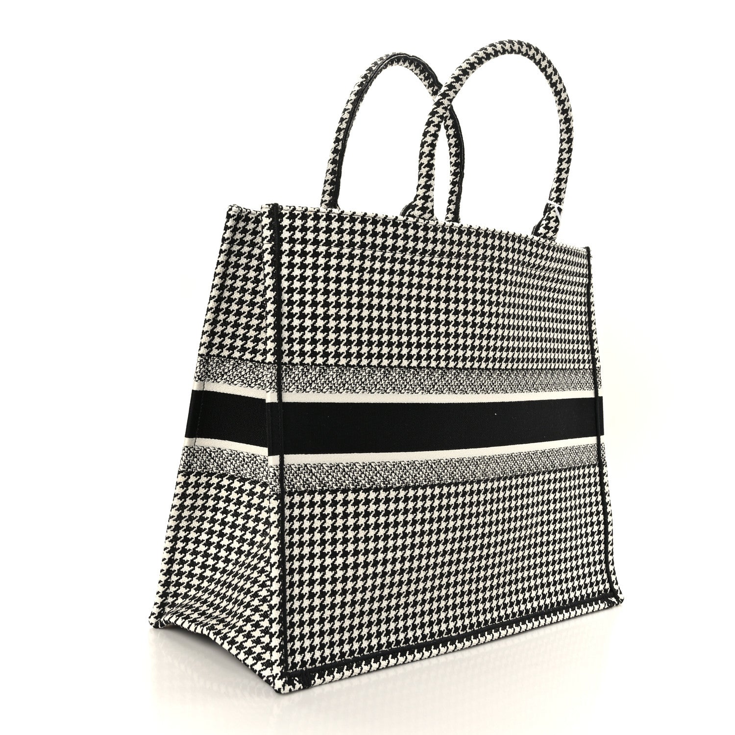Christian Dior Canvas Houndstooth Embroidered Large Book Tote Black White 3 of 9