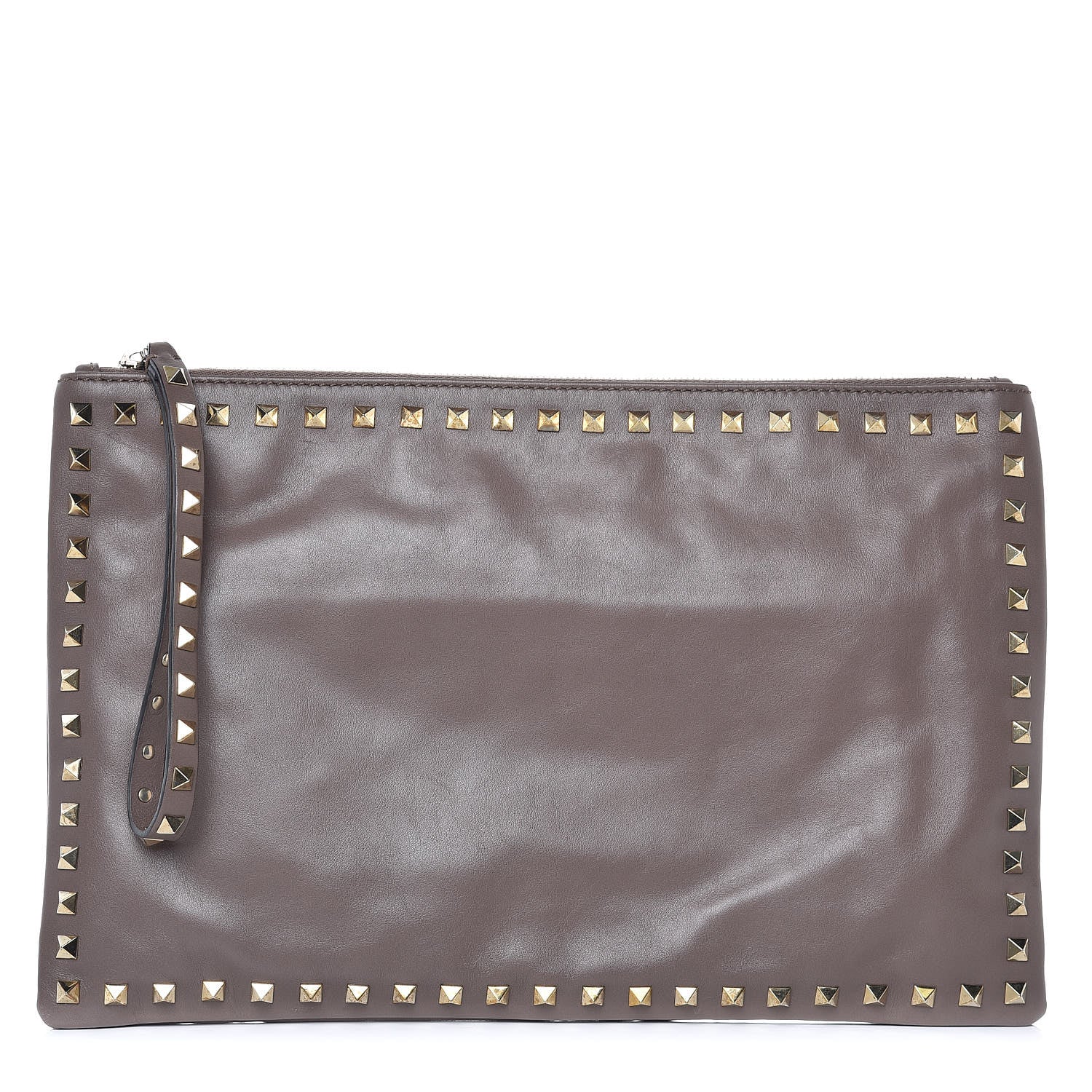 Valentino Garavani Vitello Large Rockstud Zip Wristlet Pouch Taupe