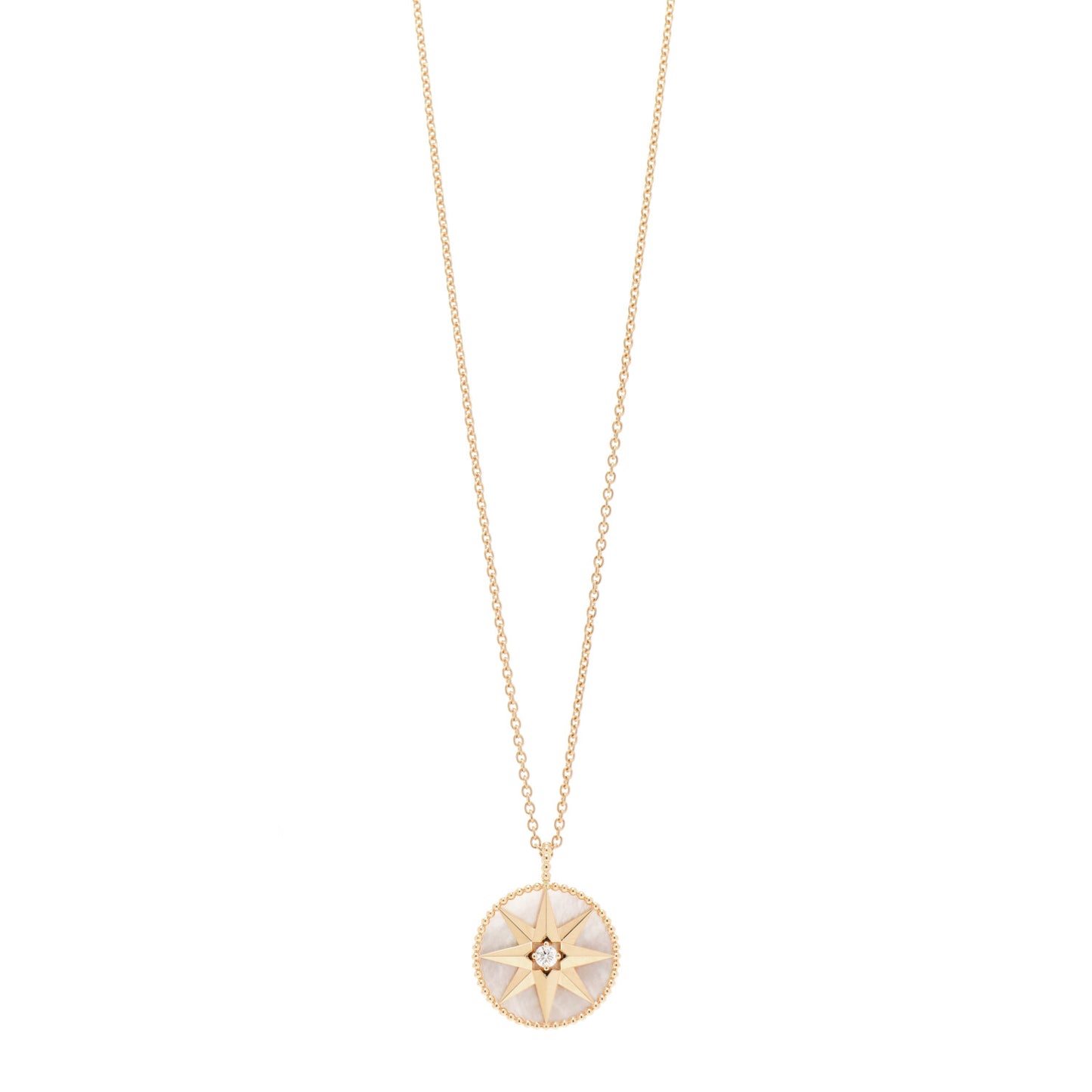 18K Yellow Gold Diamond Mother of Pearl Rose Des Vents Medallion Necklace
