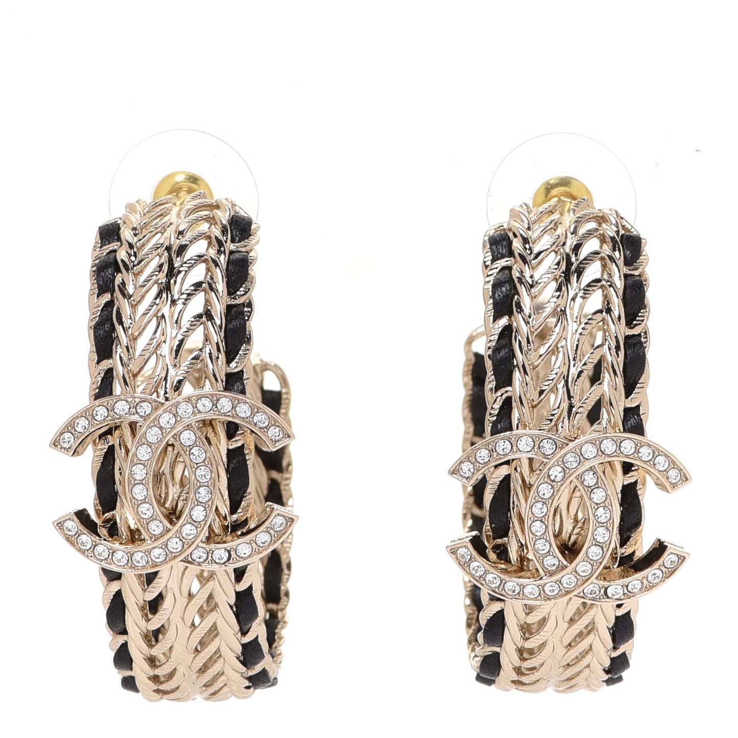 Crystal Lambskin CC Chain Hoop Earrings Gold Black