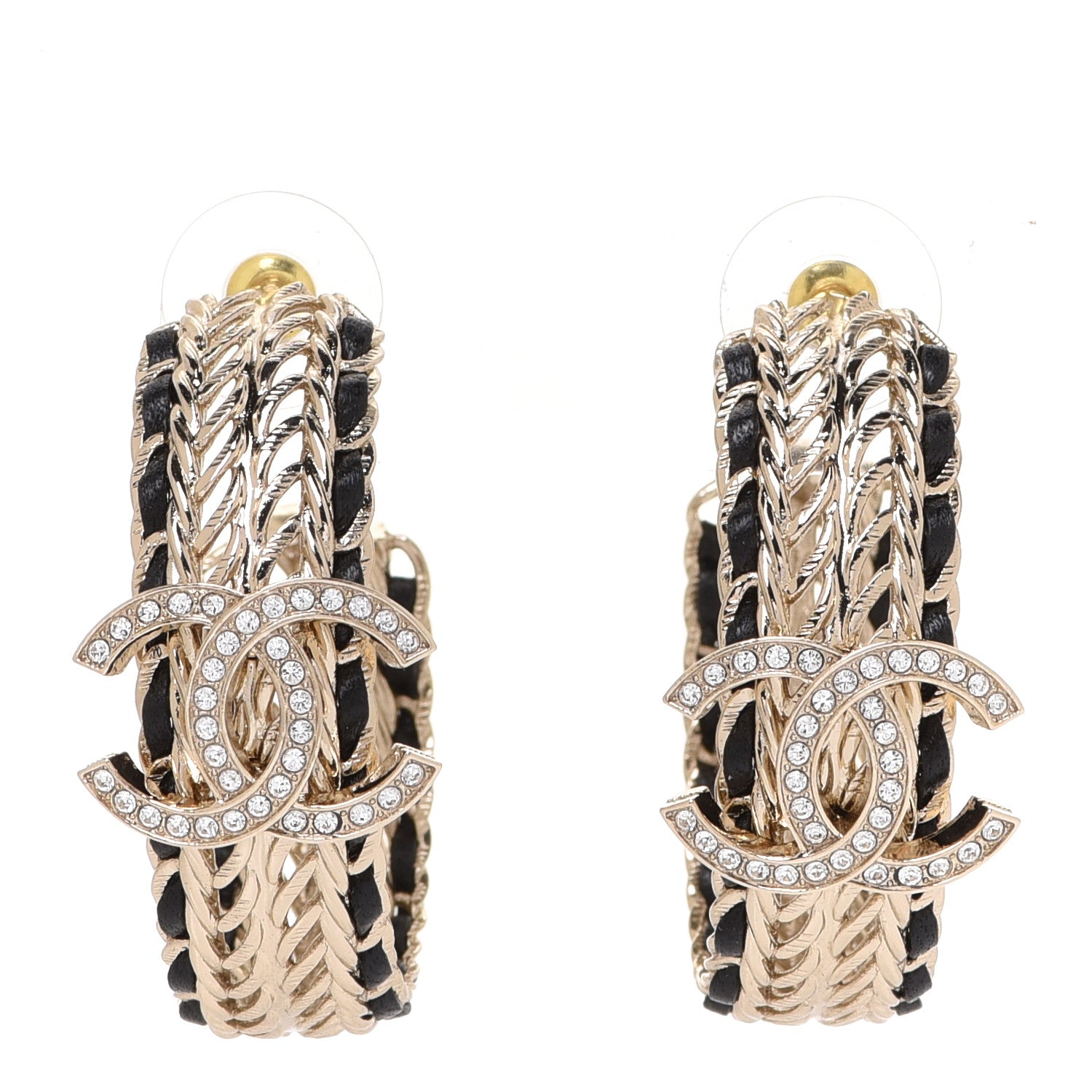Chanel Crystal Lambskin CC Chain Hoop Earrings Gold Black 1 of 5