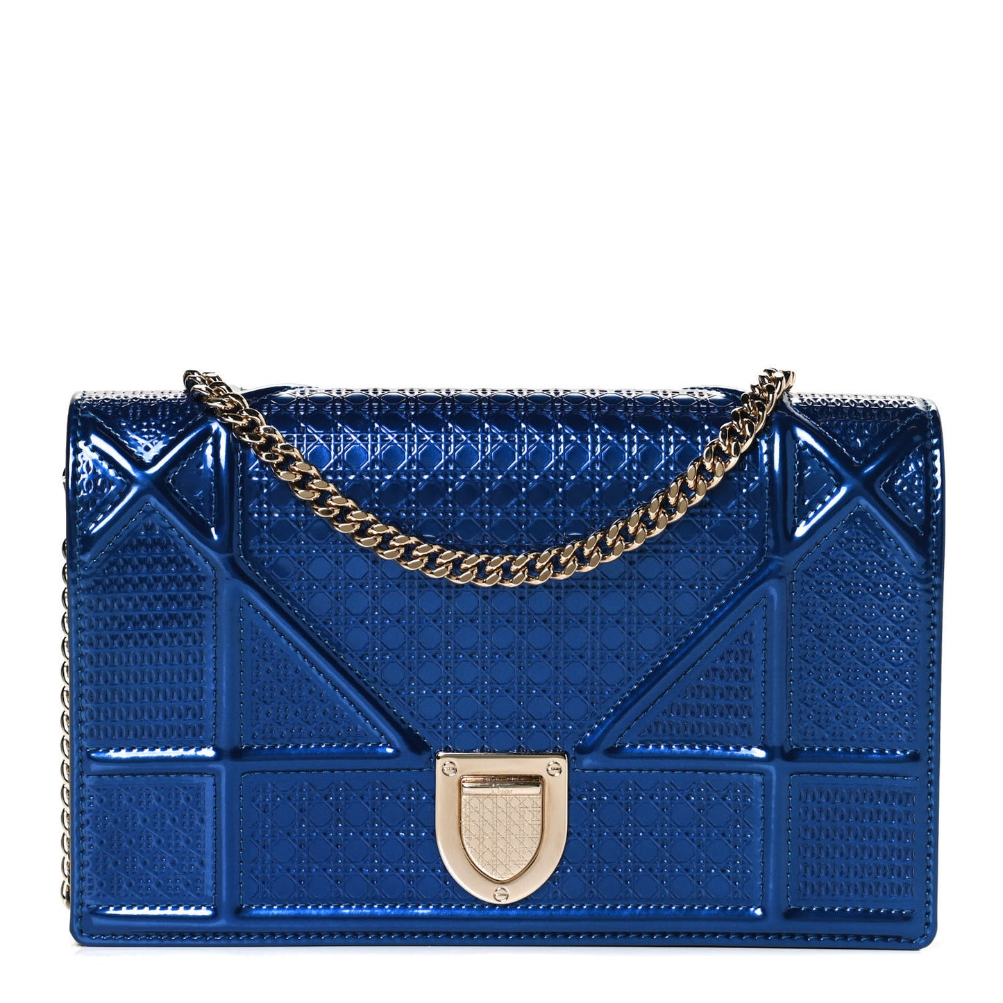 Metallic Patent Micro-Cannage Diorama Wallet on Chain Pouch Mirror Blue