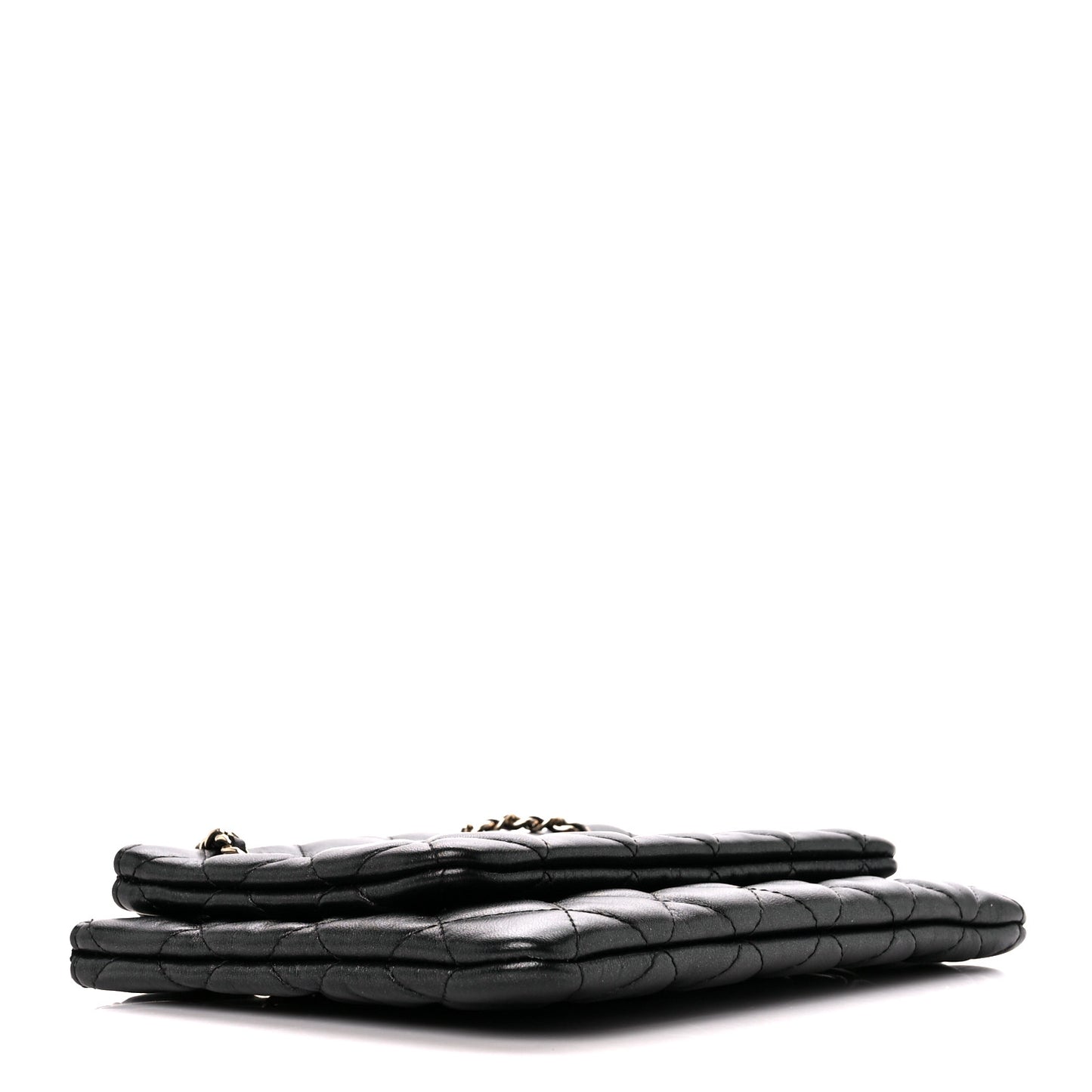 Shiny Lambskin Quilted Medium Double Case With Strap Black