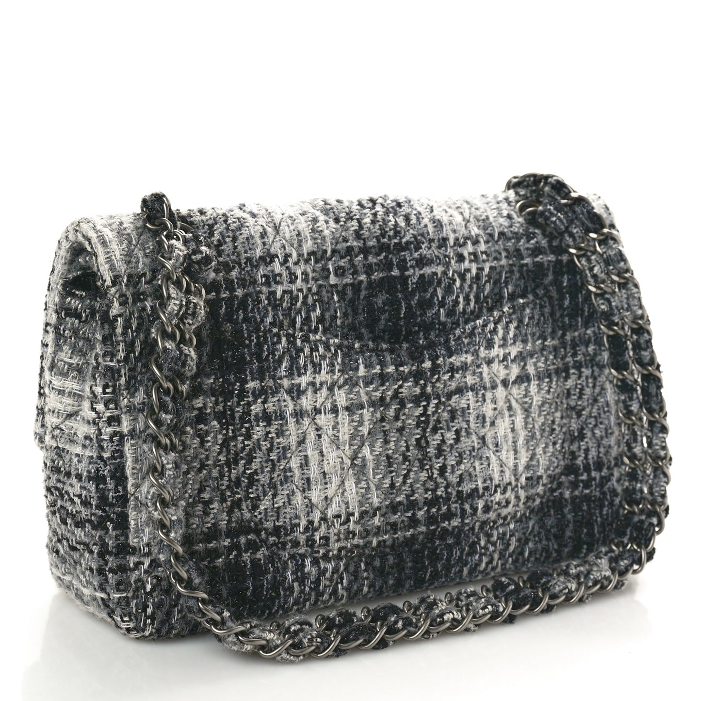 Tweed Quilted Medium Double Flap Black Grey