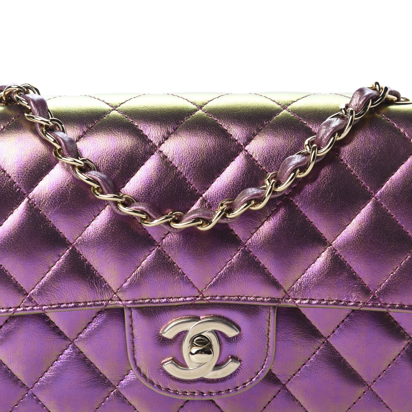 Iridescent Lambskin Quilted Mini Rectangular Flap Purple