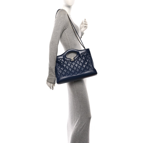 Shiny Lambskin Quilted 31 Shopping Bag Navy