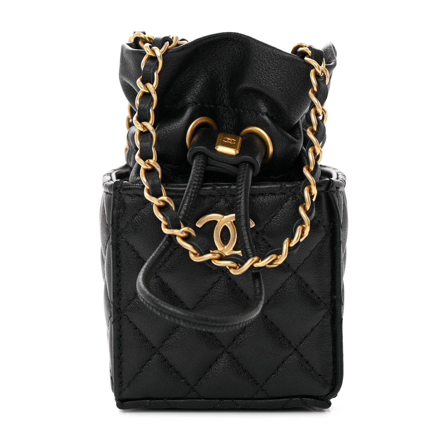 Calfskin Quilted Mini Drawstring Bucket Bag Black