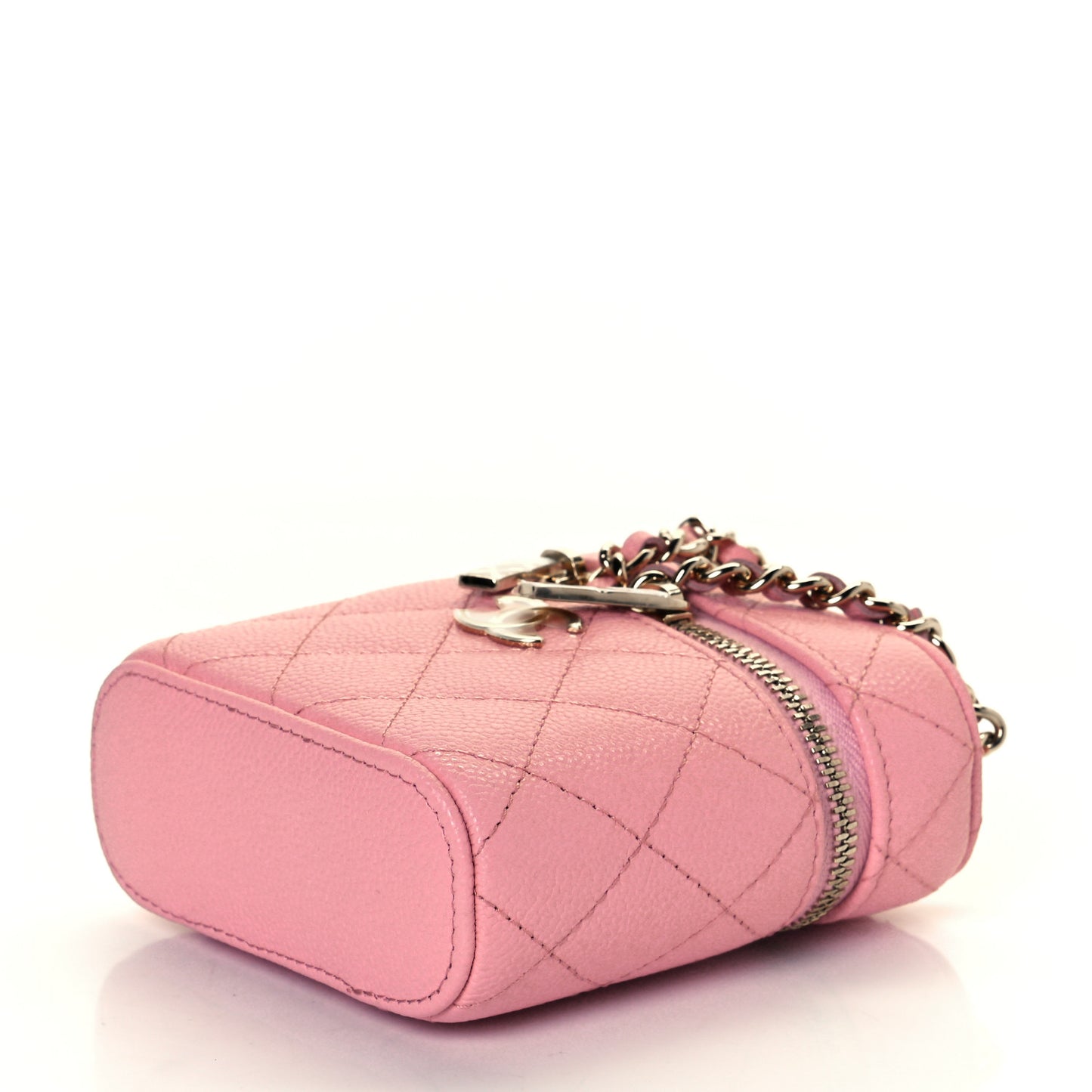 Caviar Quilted Small Handle With Care Vanity Case With Chain Pink