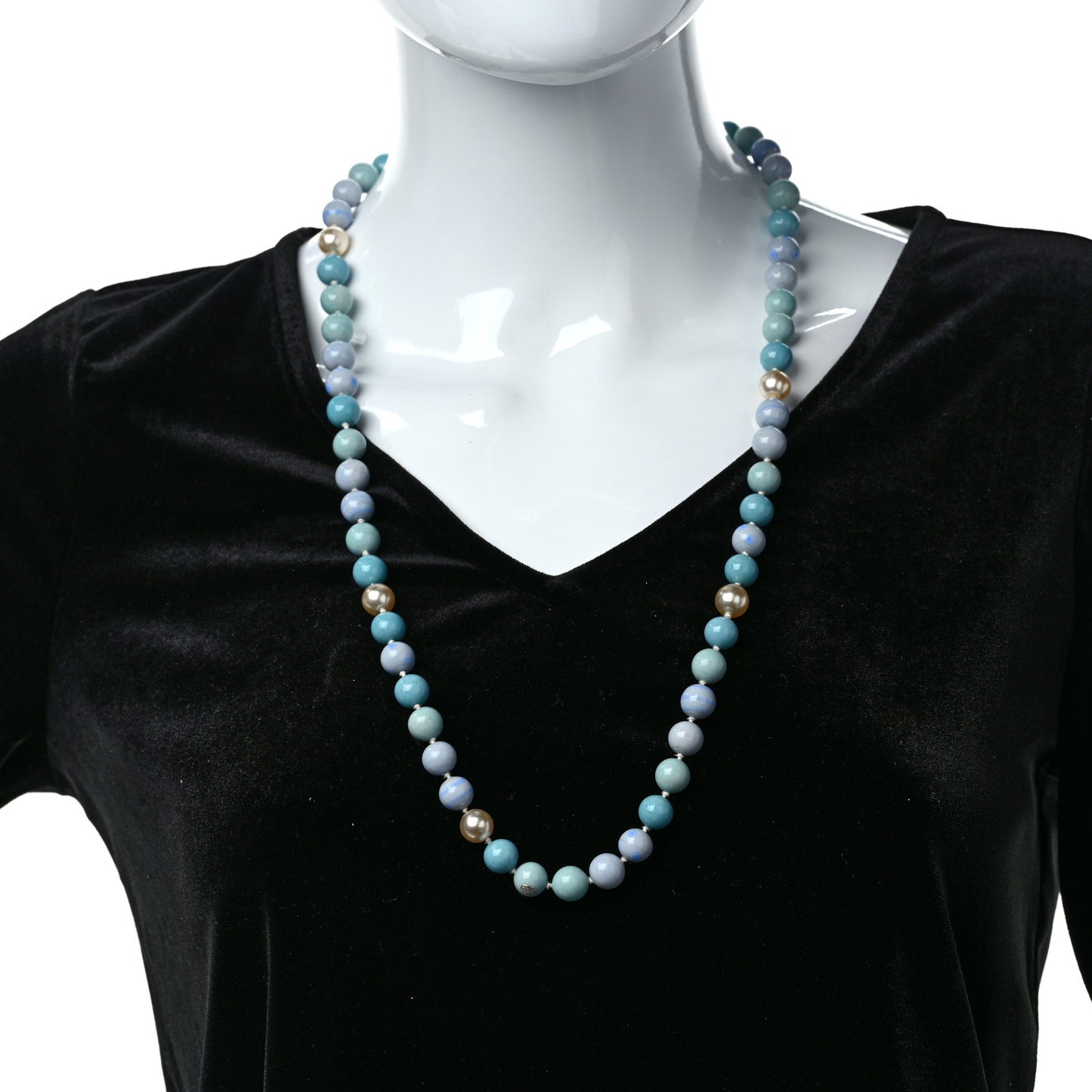Pearl Beaded Ribbon Necklace Blue