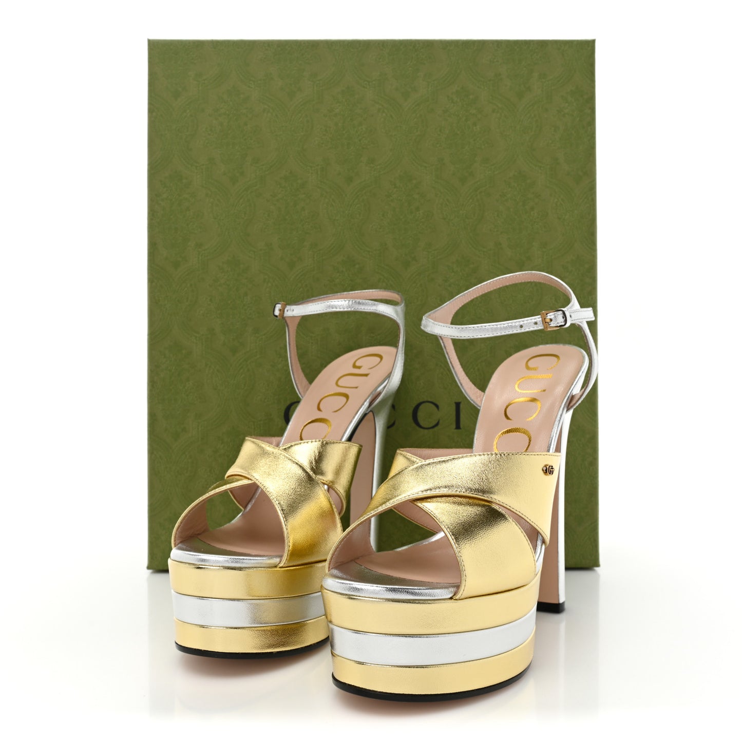 Metallic Nappa Double G 40/135mm Platform Sandals 39 Gold Silver