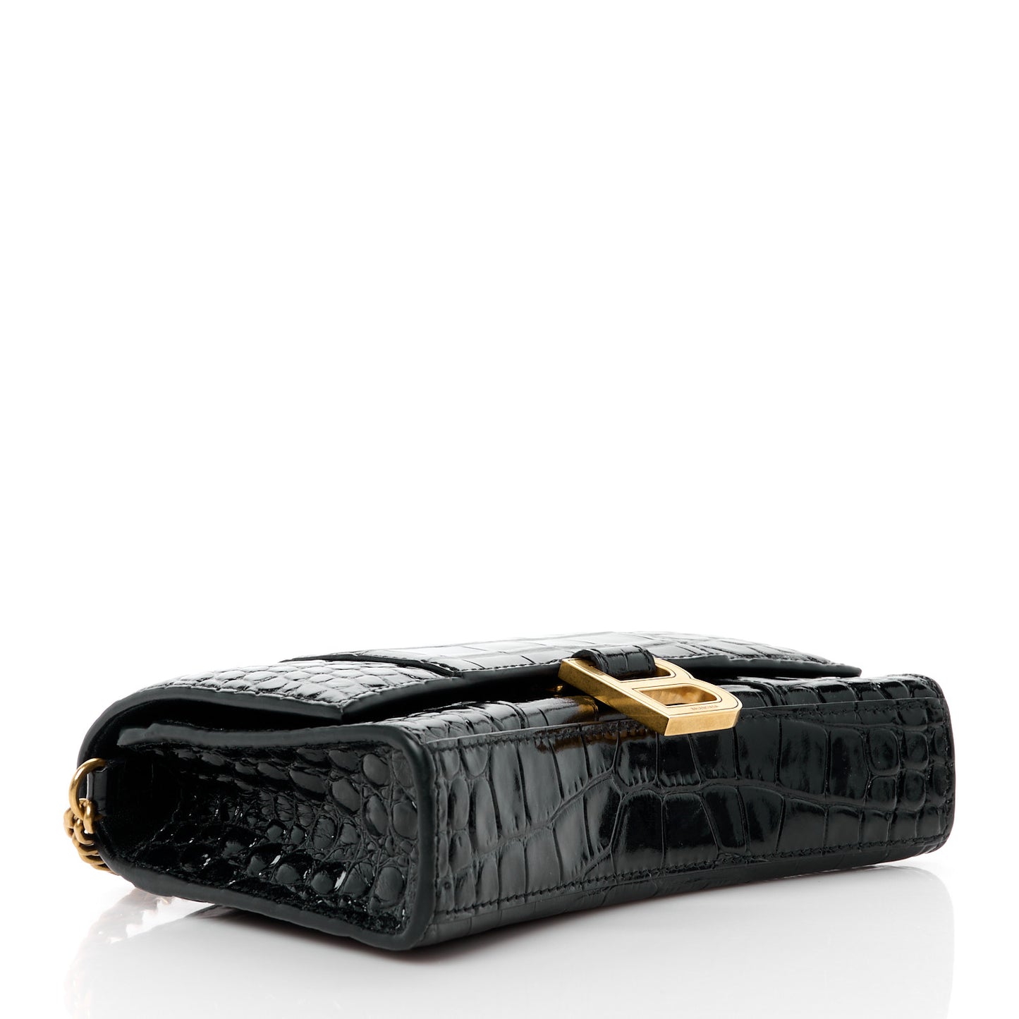 Shiny Calfskin Crocodile Embossed Hourglass Chain Bag Black