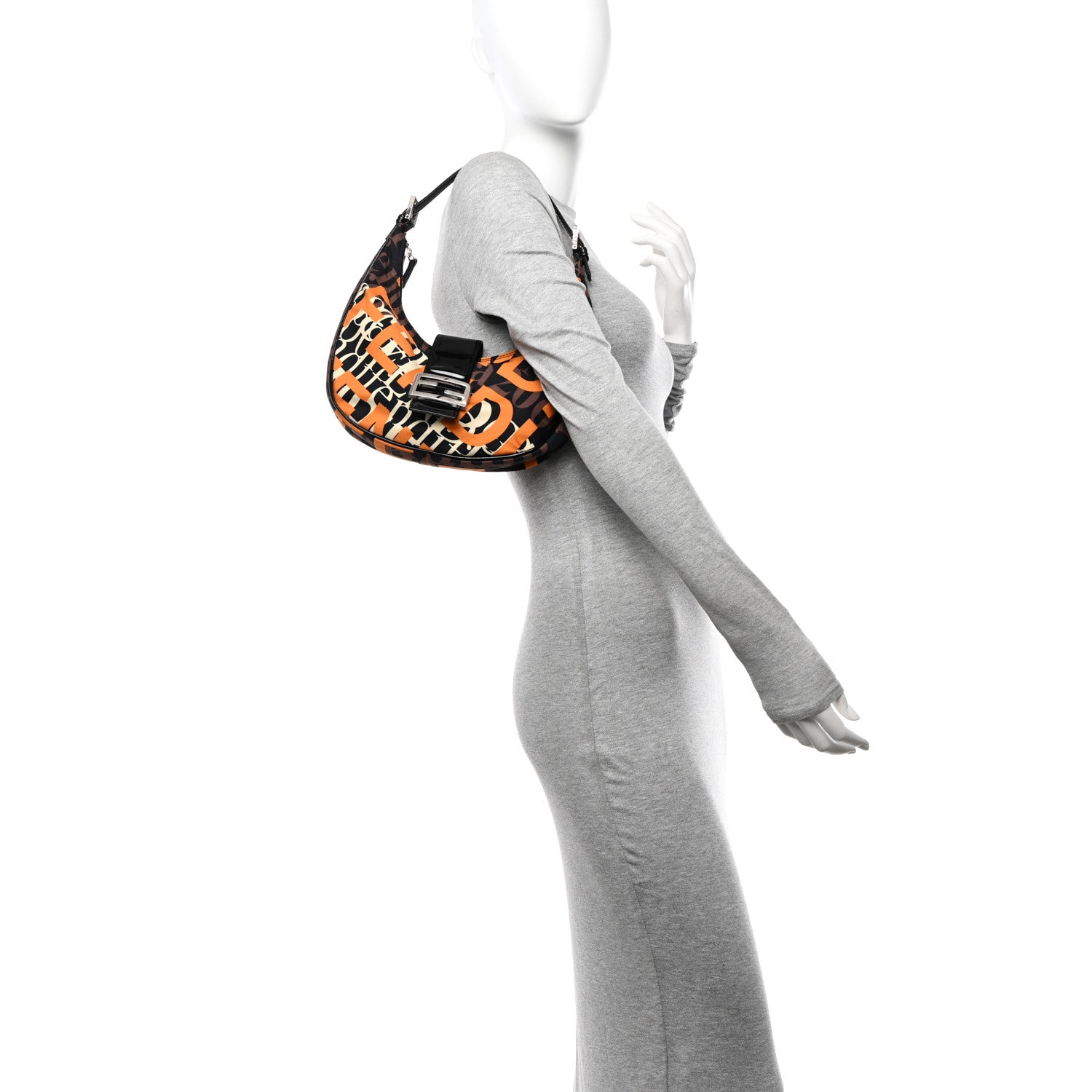 Fendi Nylon Patent Half Moon Baguette Black Brown Orange 2 of 9