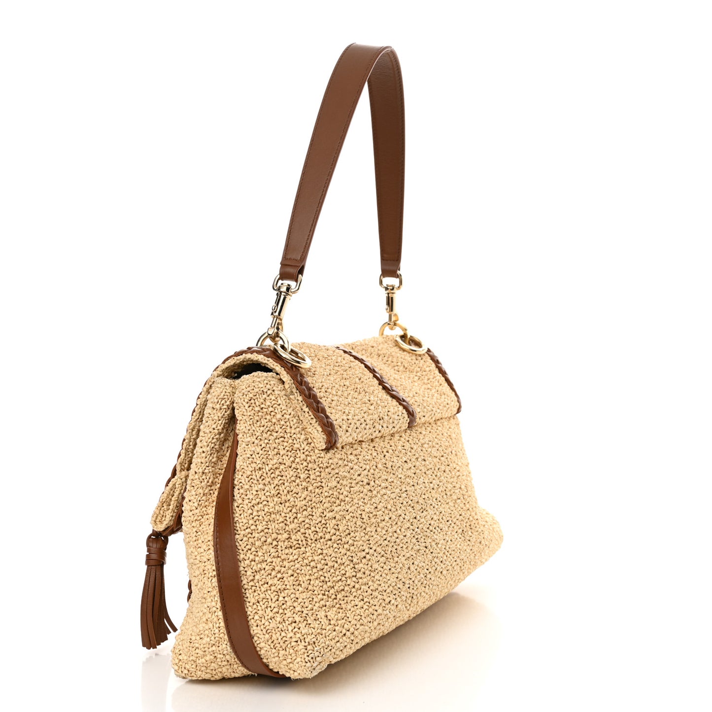 Raffia Calfskin Medium Penelope Shoulder Bag Tan