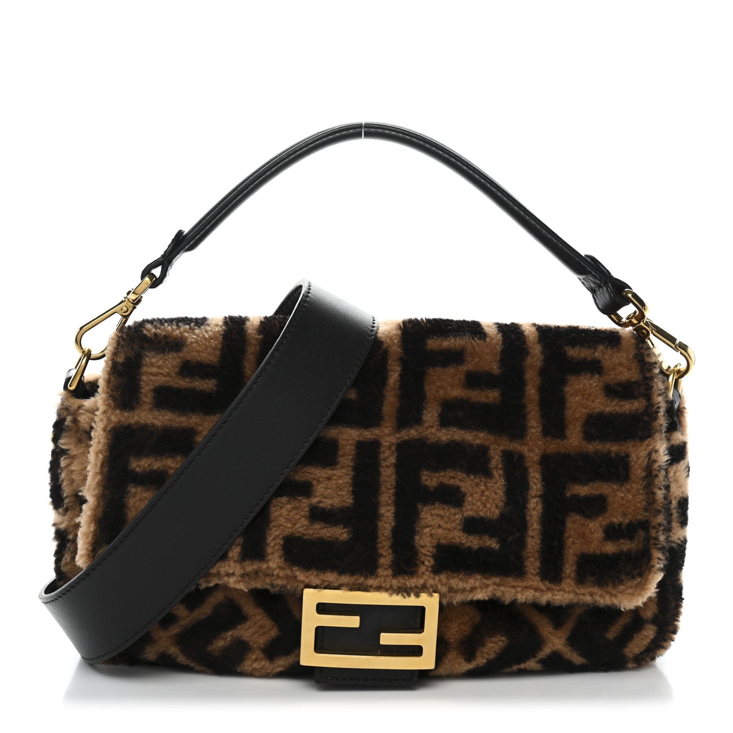 Fendi Shearling Vitello Dolce Macro FF 1974 Baguette Tobacco Black