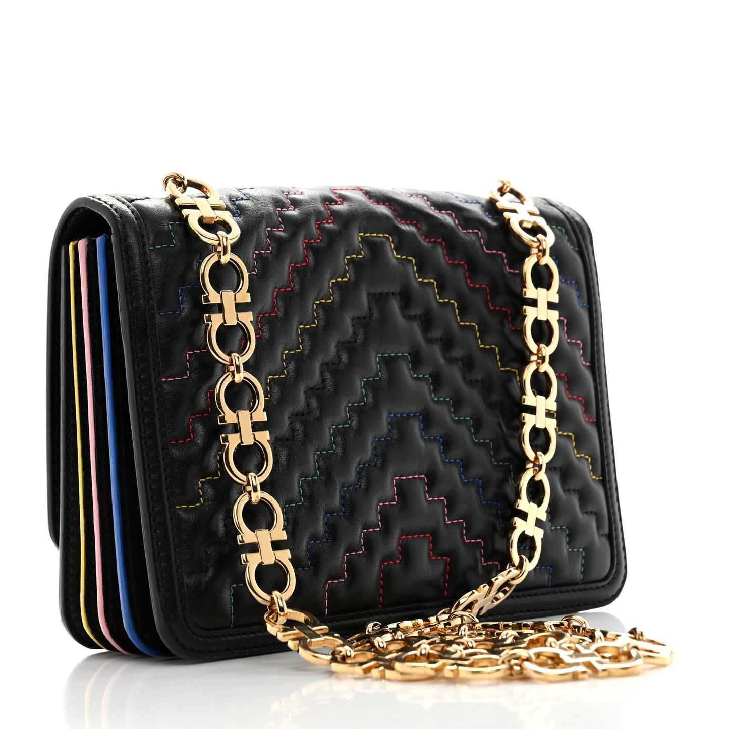 Calfskin Stitched Gancini Crossbody Flap Black Multicolor