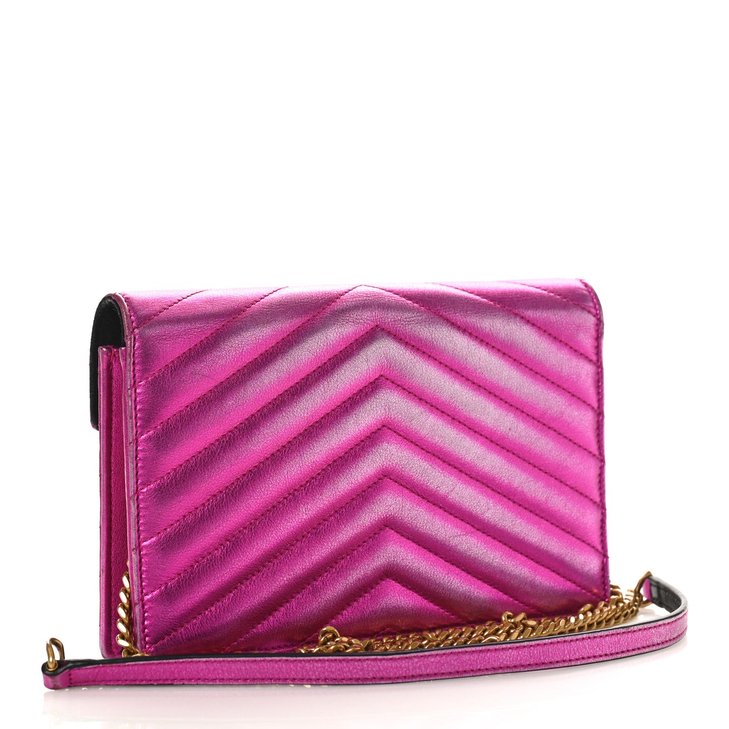 Metallic Calfskin Matelasse Chevron Monogram Envelope Chain Wallet Fuchsia