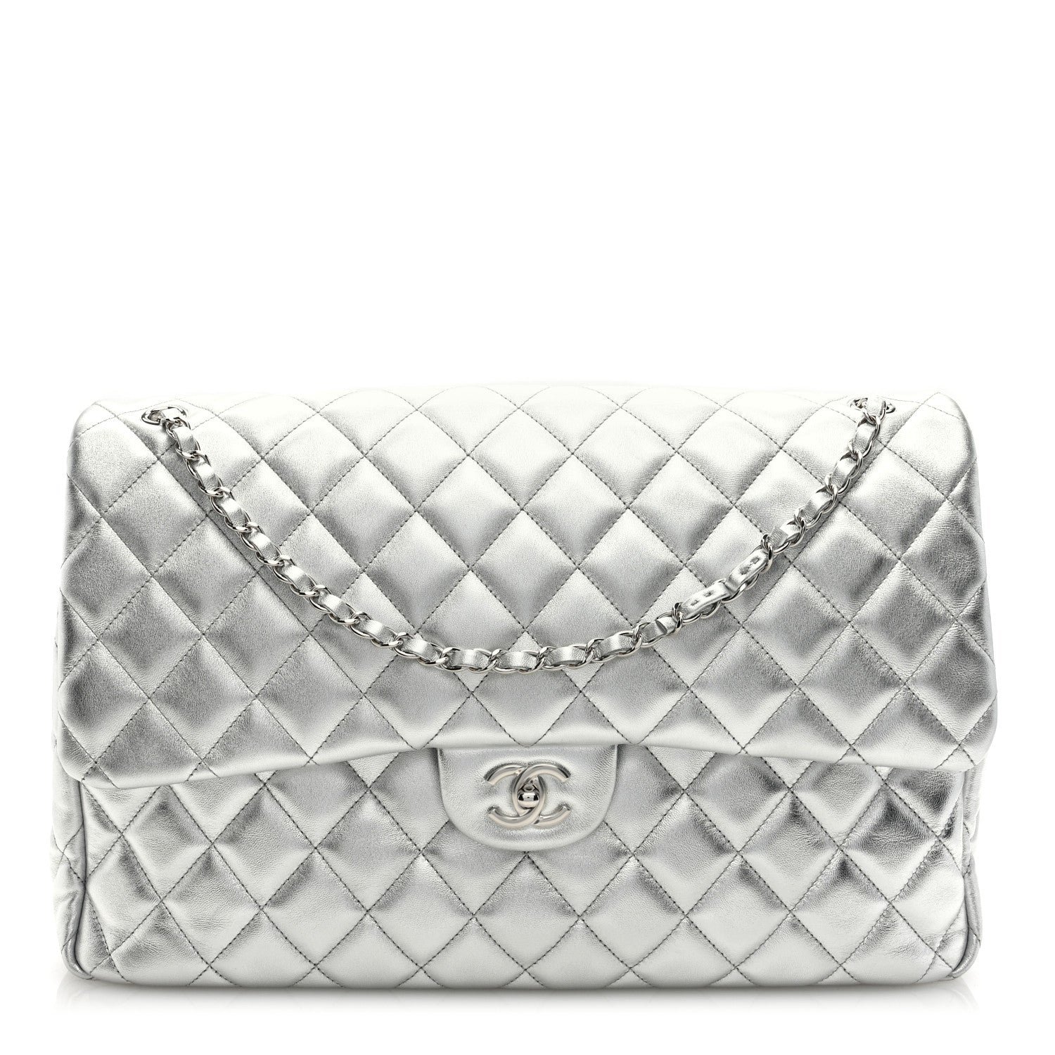Chanel Metallic Lambskin Quilted XXL Travel Flap Bag Silver Chanel Metallic Lambskin Quilted XXL Travel Flap Bag Silver