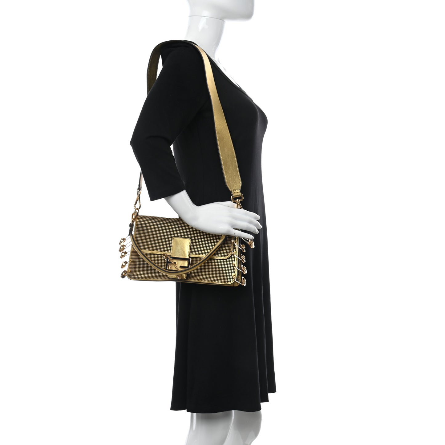 X VERSACE Metallic Nappa Perforated Fendace Brooch Baguette Gold