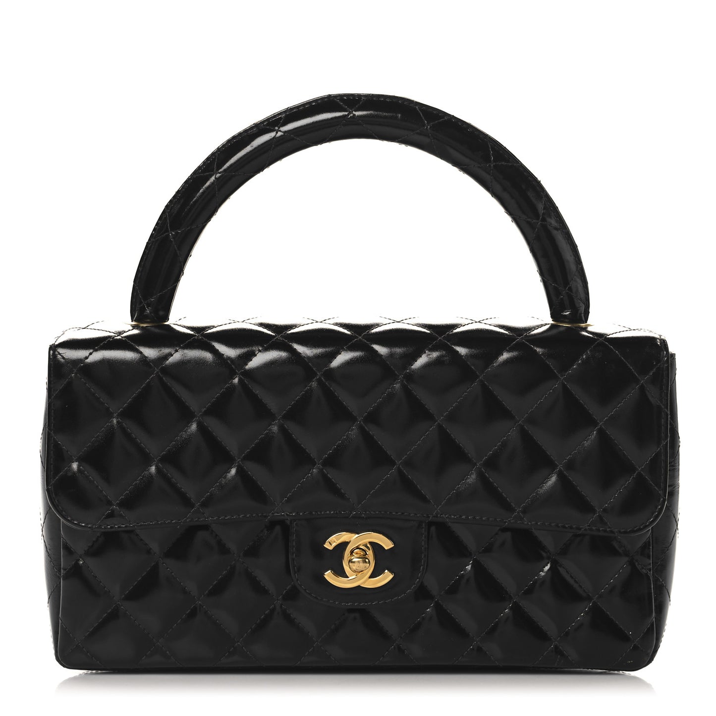 Patent Quilted Medium Rectangular Kelly Flap Bag Black