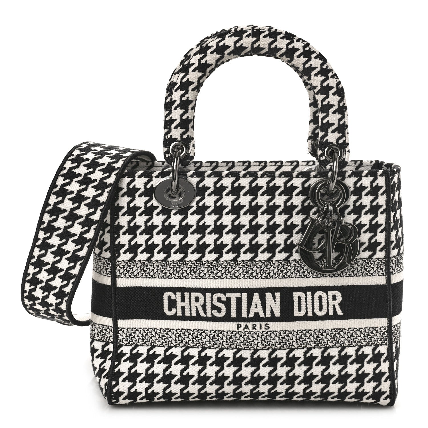 Christian Dior Canvas Houndstooth Embroidered Medium Lady D-Lite