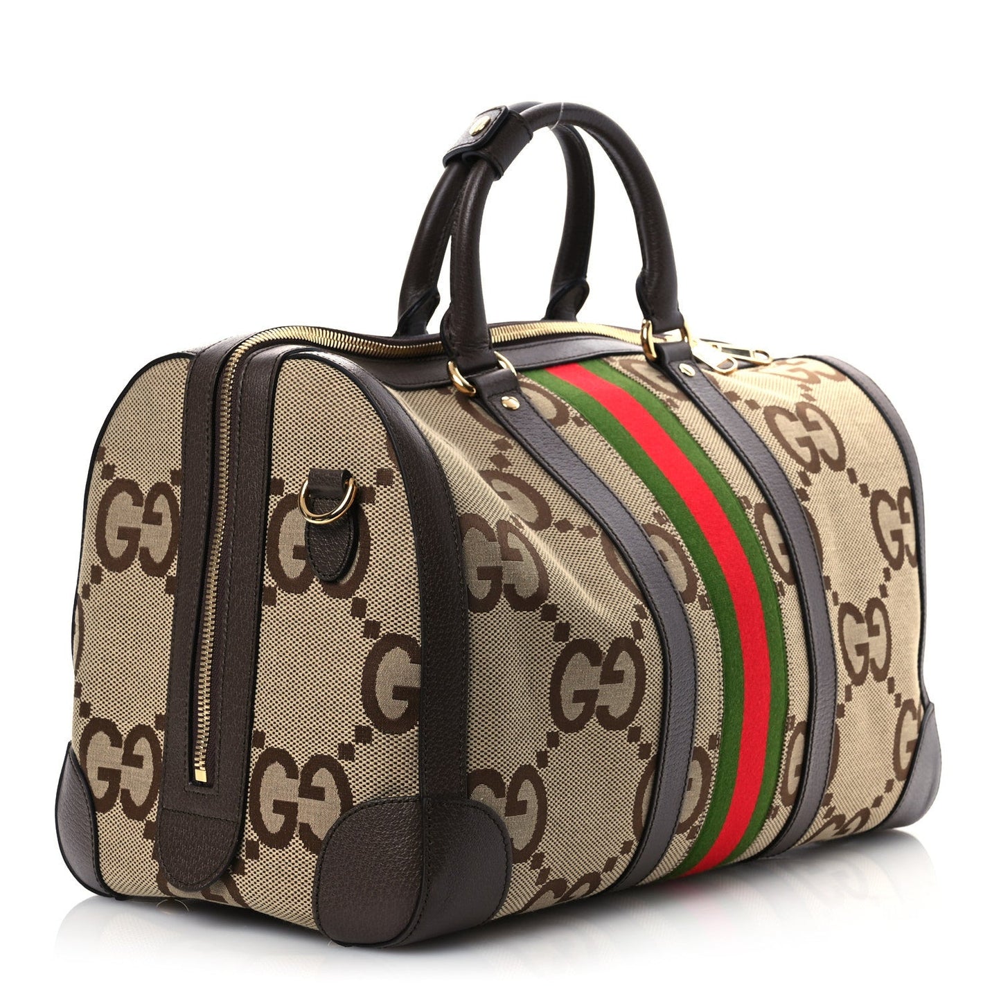 Monogram Jumbo GG Textured Dollar Calfskin Web Medium Duffle Bag Camel Ebony