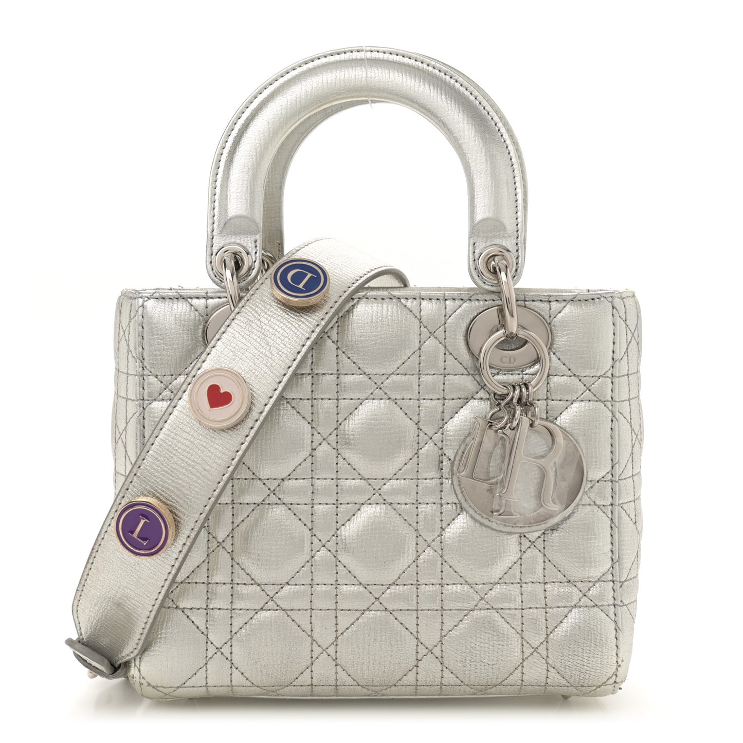 Metallic Grained Calfskin Cannage Small Lucky Badges My Lady Dior Silver