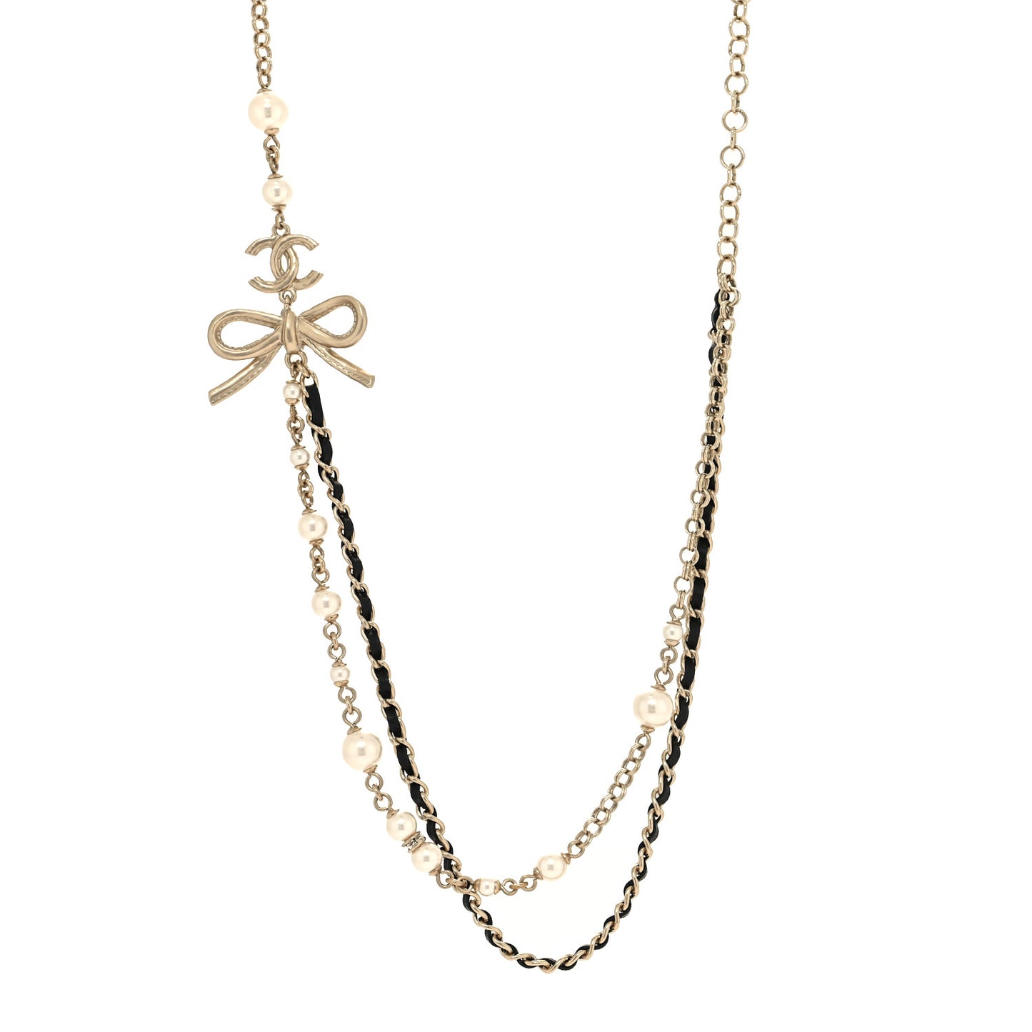 Calfskin Pearl Metal CC Bow Necklace Gold White Black