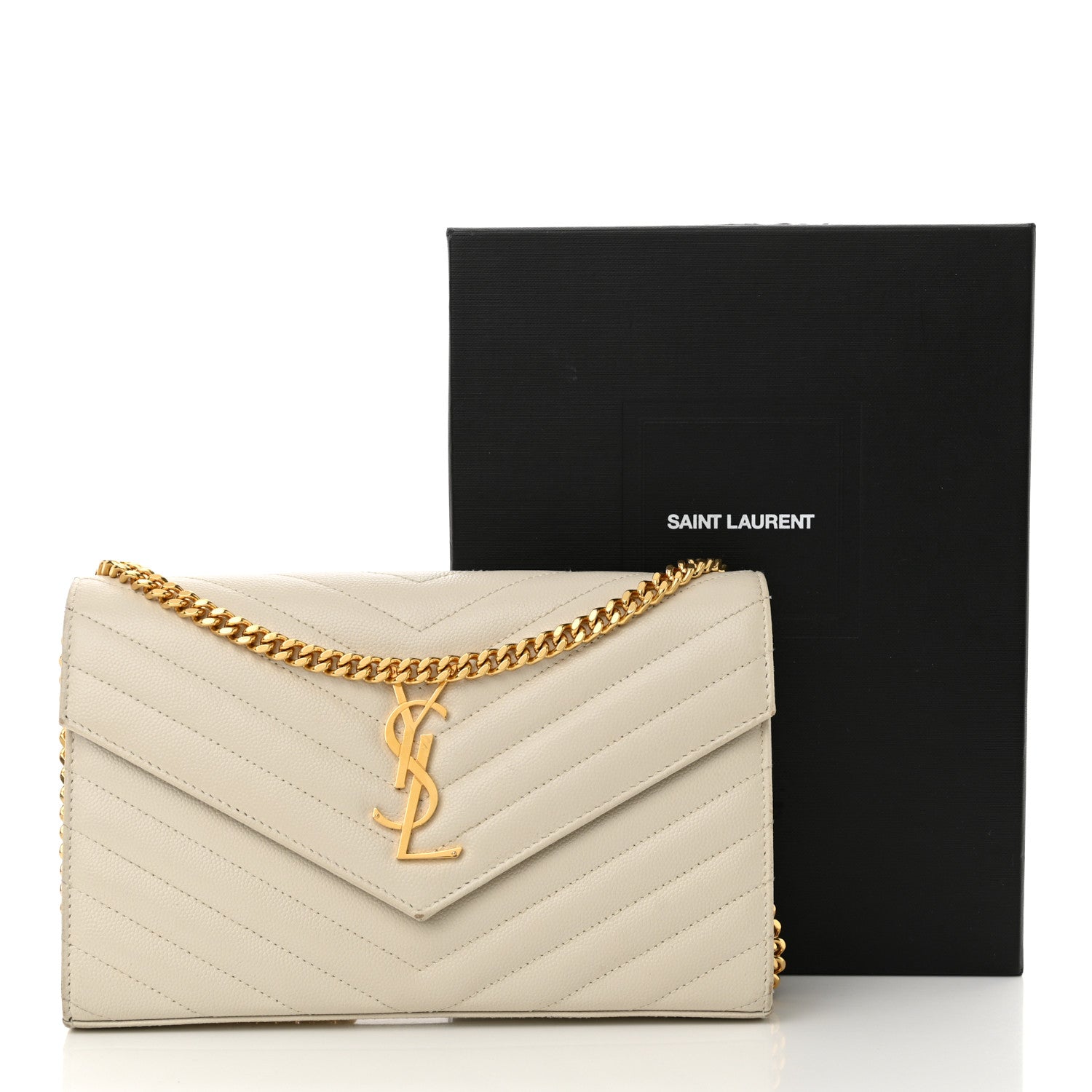 Saint Laurent Grain De Poudre Matelasse Chevron Monogram Chain Wallet Crema Soft 17 of 17