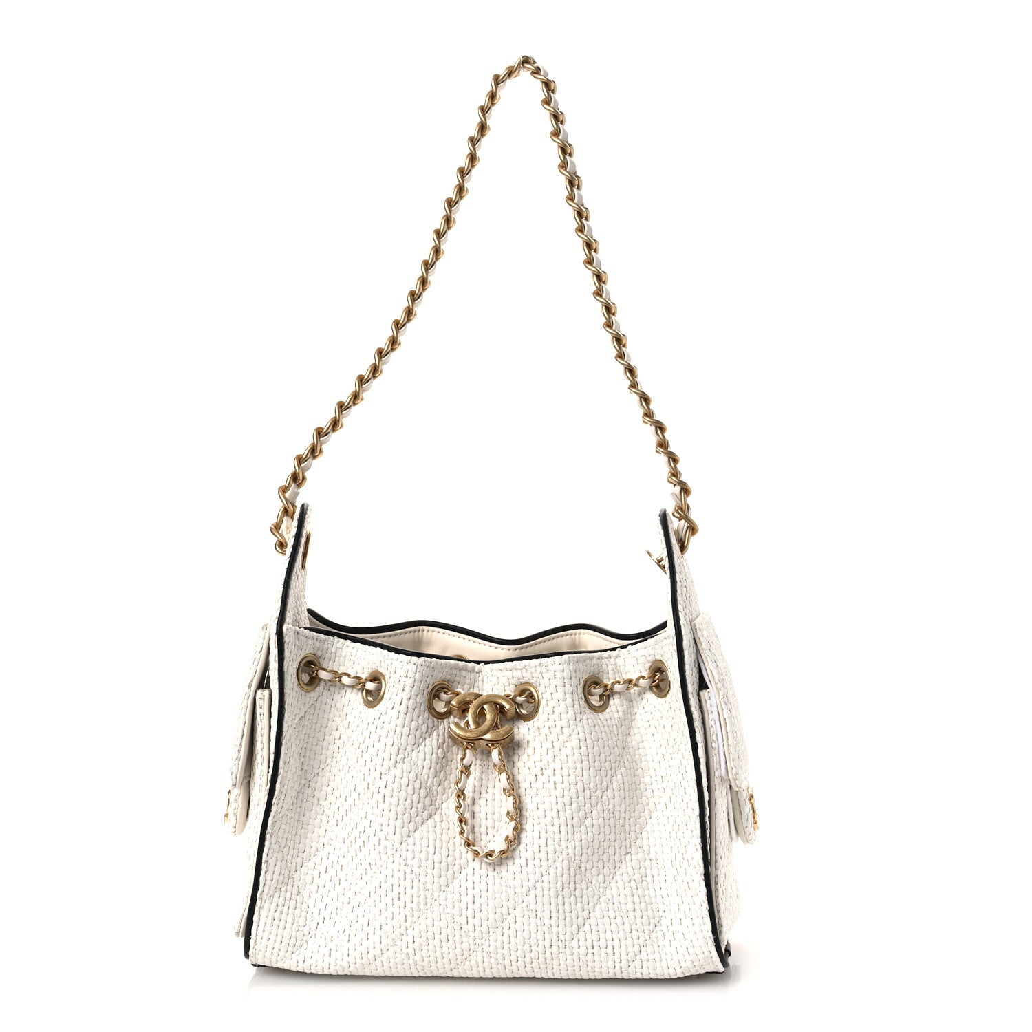 Chanel Braided Raffia Calfskin Mini Chanel 25 Handbag White Black