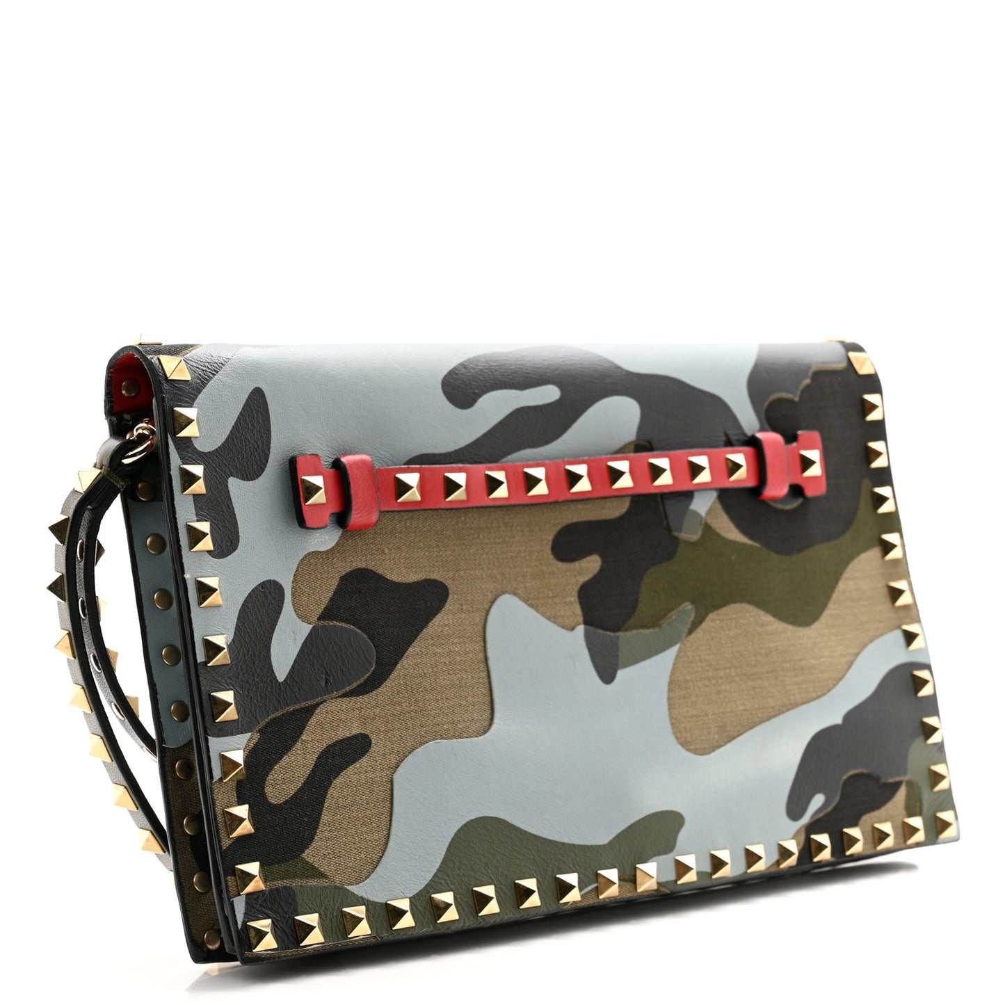 Nappa Canvas Camouflage Rockstud Wristlet Clutch Verde Rouge