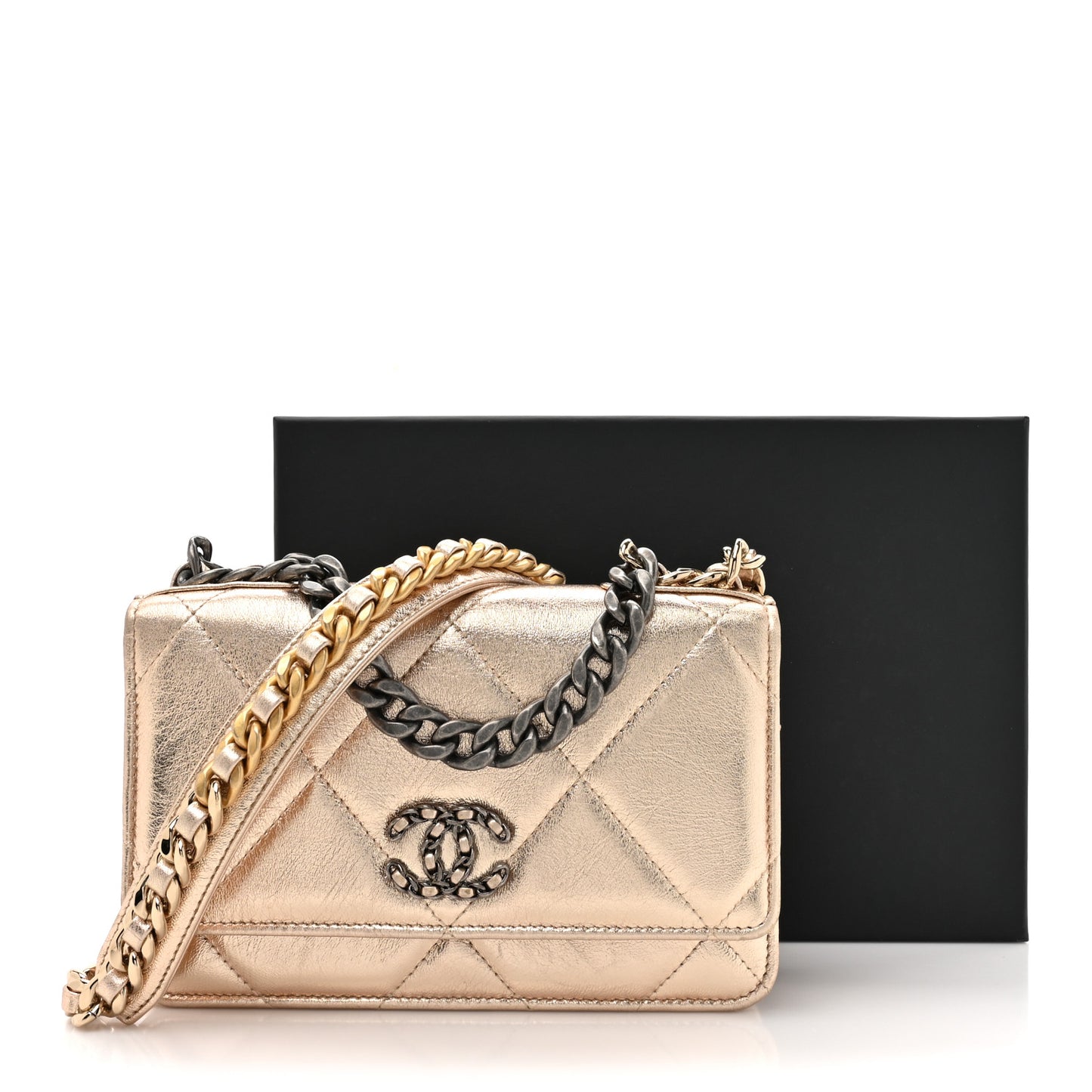 Metallic Goatskin Quilted Chanel 19 Wallet On Chain WOC Gold