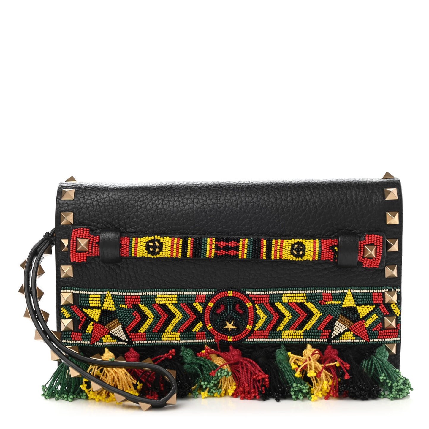 Pebbled Calfskin Beaded Ribbons Rockstud Wristlet Clutch Black