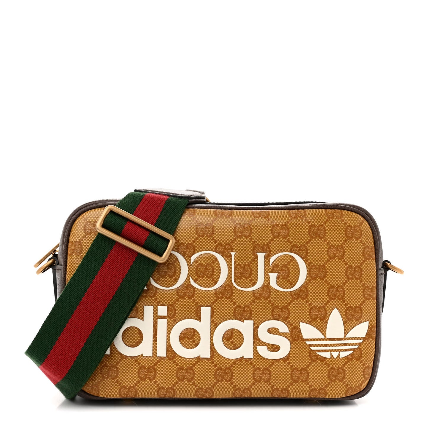 X ADIDAS Crystal Vintage Monogram Textured Dollar Calfskin Web Trefoil Logo Small Messenger Bag Mid Natural Nut Off White New Acero