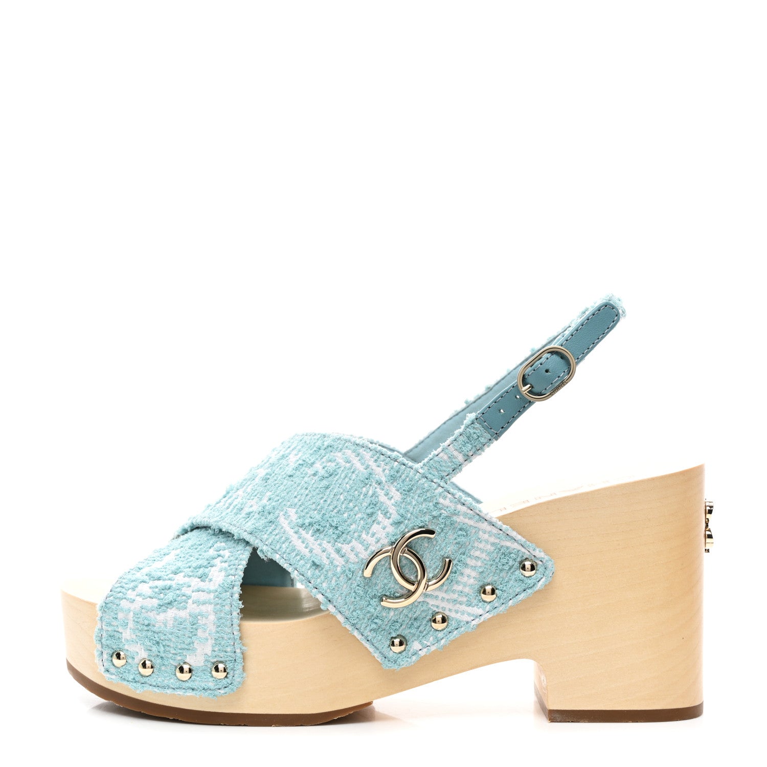 Chanel Jacquard Studded Slingback Clog Sandals 39 Turquoise White 1 of 9