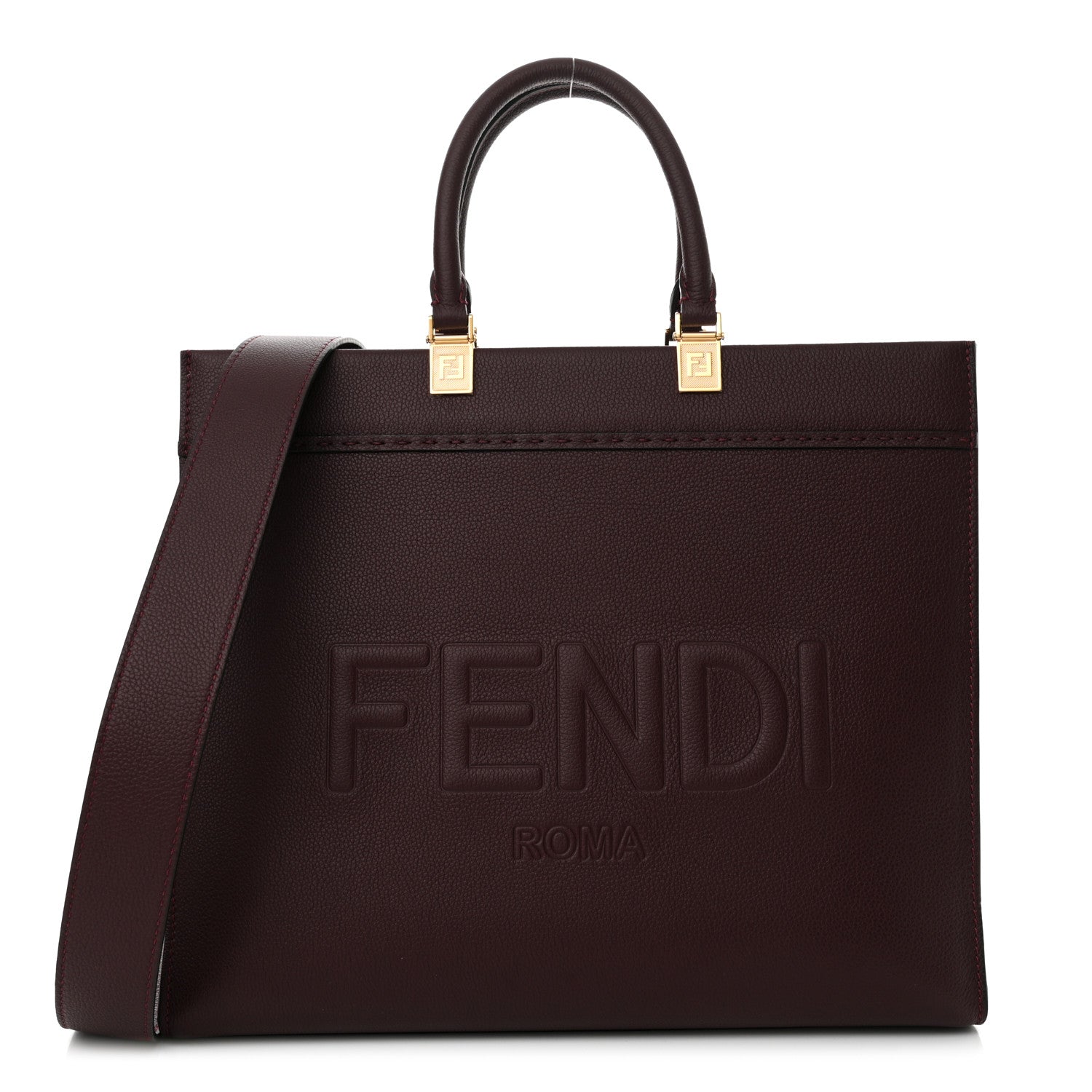 Fendi Vitello Cher Logo Debossed Medium Fendi Sunshine Shopper Tote Burgundy 1 of 12