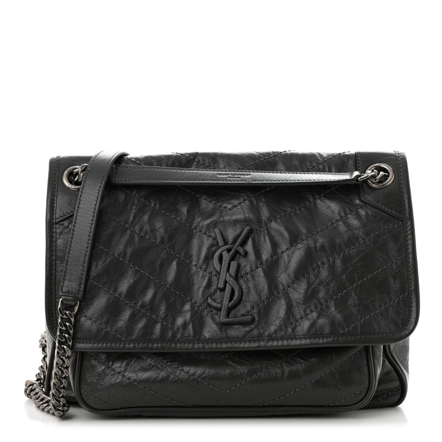 Crinkled Calfskin Matelasse Monogram Medium Niki Chain Satchel Fog