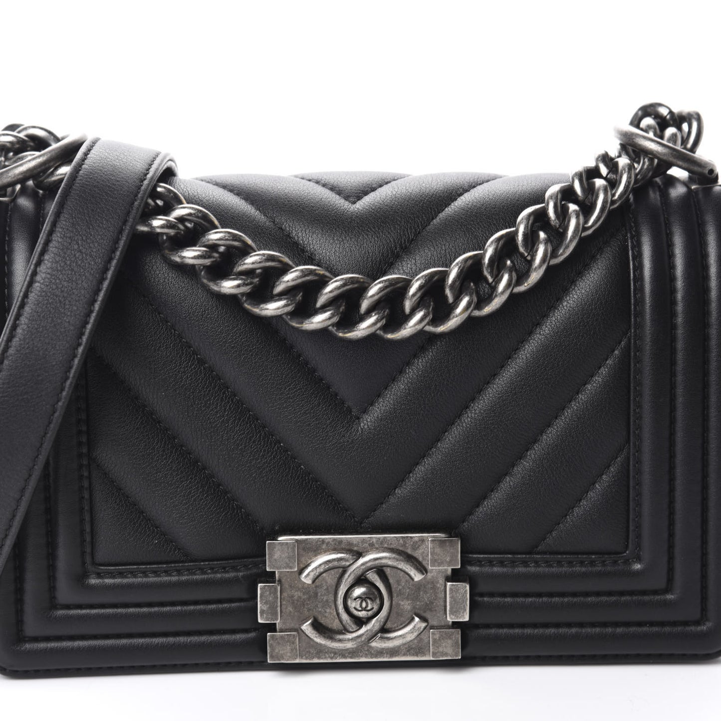 Calfskin Chevron Quilted Small Boy Flap Black