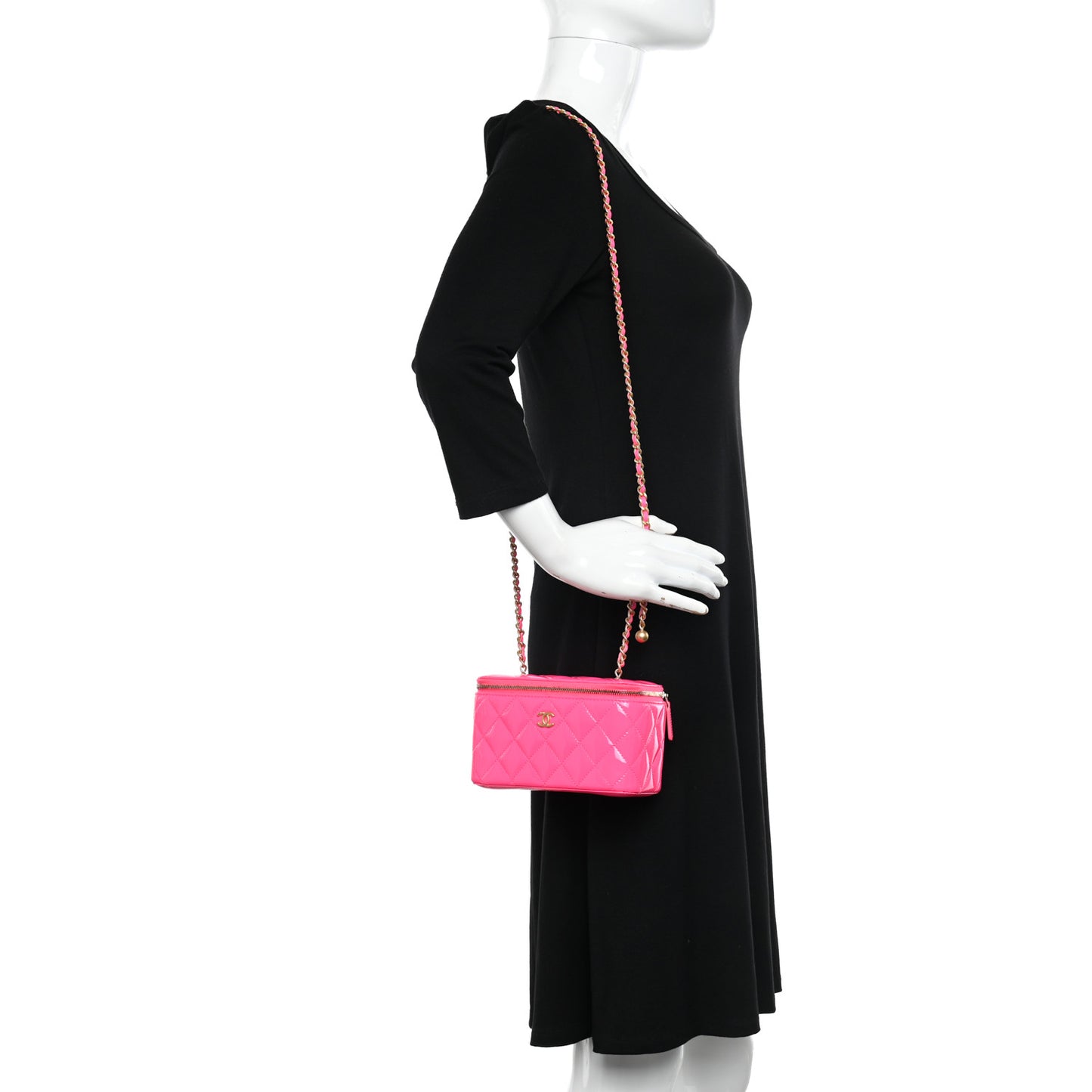 Patent Quilted Pearl Crush Small Vanity Case With Chain Neon Pink