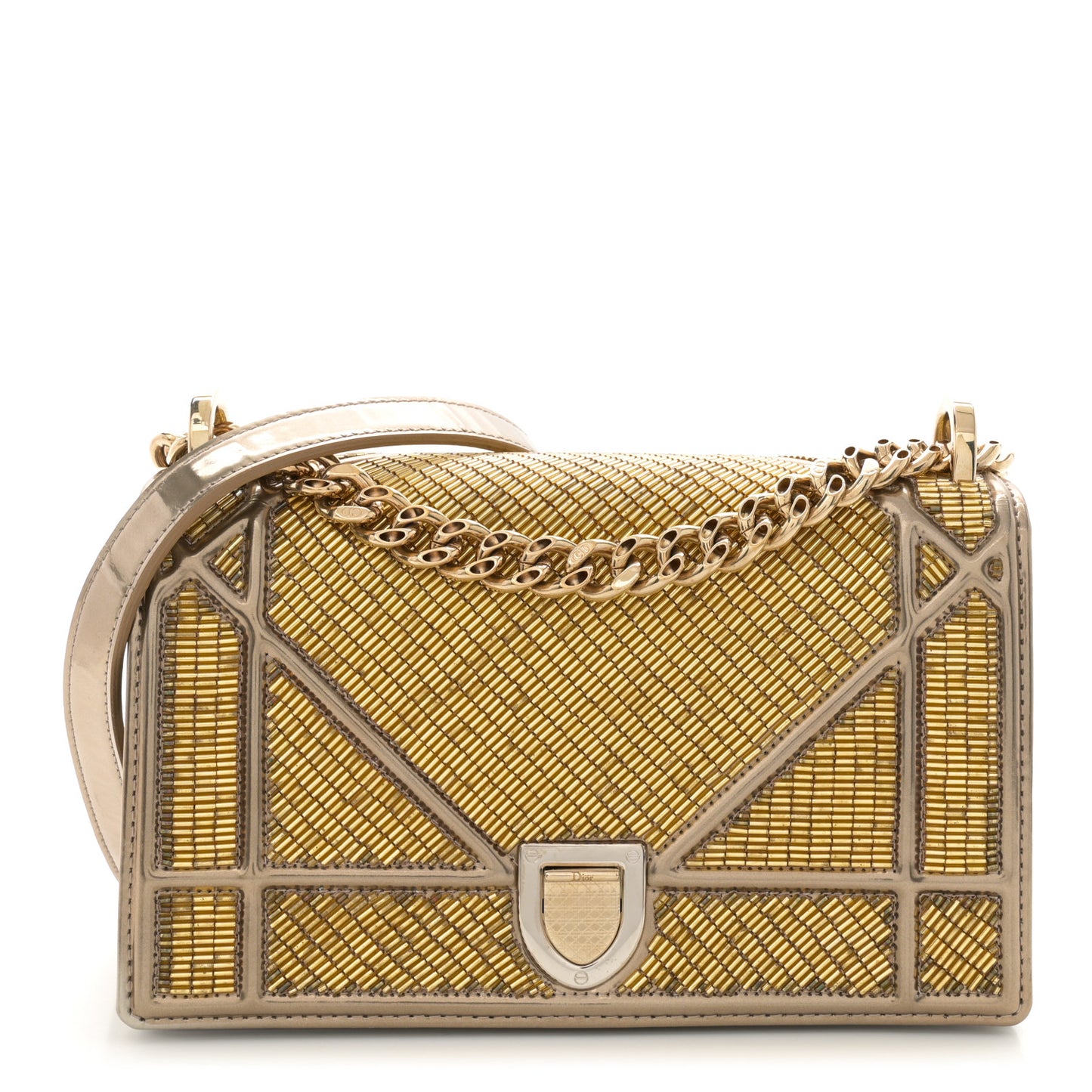 Metallic Calfskin Beaded Small Diorama Flap Bag Gold