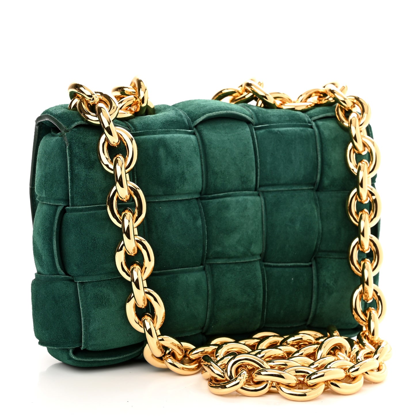 Suede Maxi Intrecciato Padded Chain Cassette Crossbody Bag Emerald Green