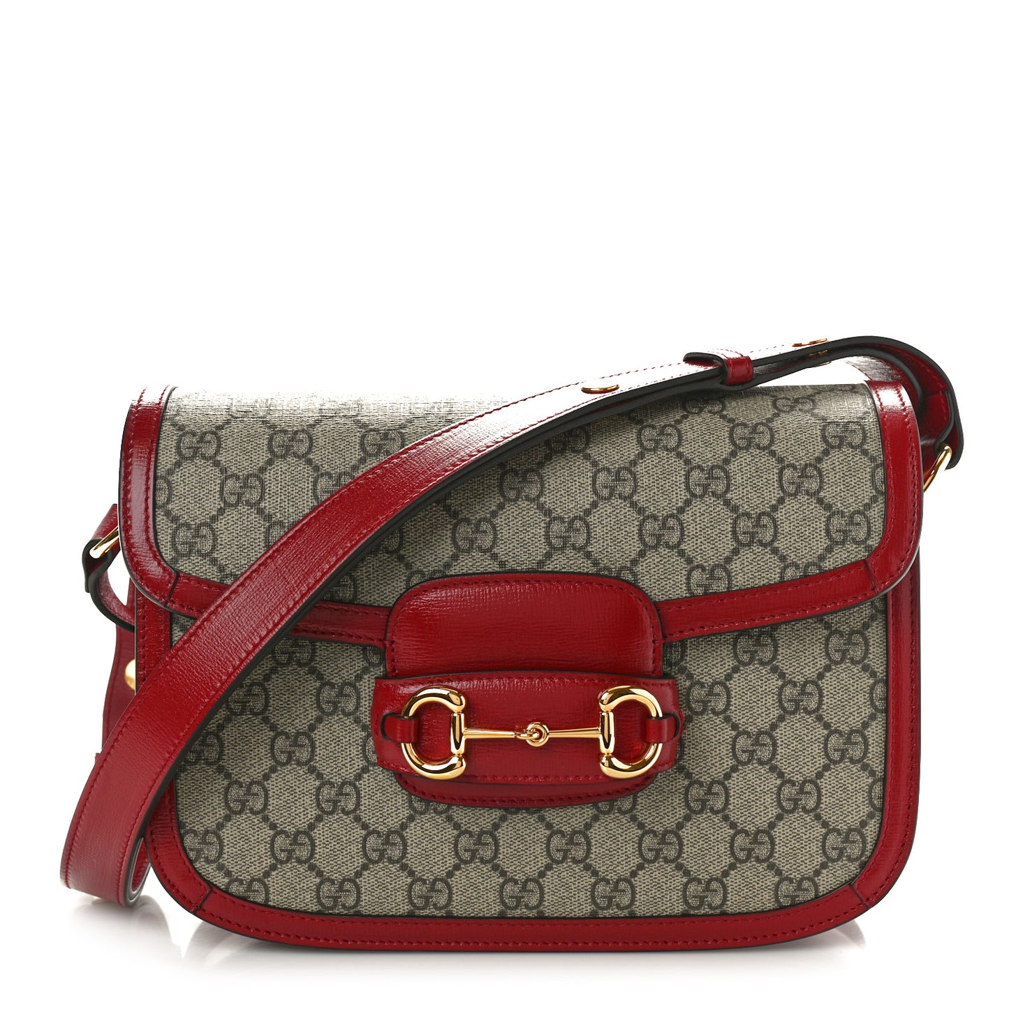GG Supreme Monogram Azalea Calfskin Horsebit 1955 Shoulder Bag Beige Ebony New Cherry Red