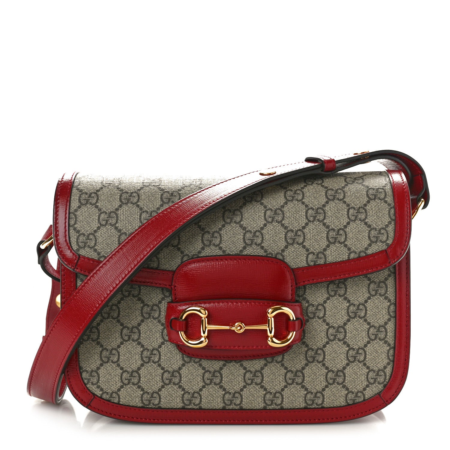 Gucci GG Supreme Monogram Azalea Calfskin Horsebit 1955 Shoulder Bag Beige Ebony New Cherry Red 1 of 10