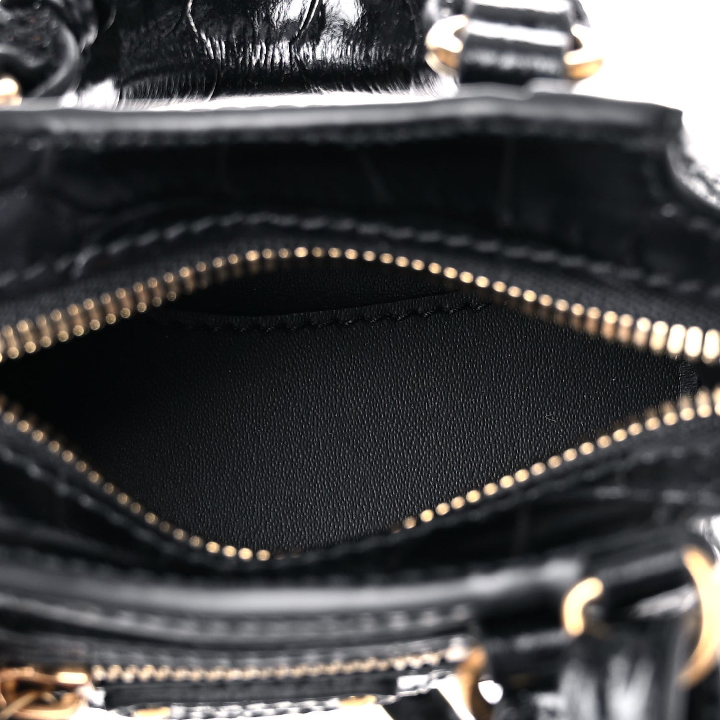 Shiny Supple Calfskin Crocodile Embossed Neo Classic Gold Hardware Super Nano City Crossbody Black