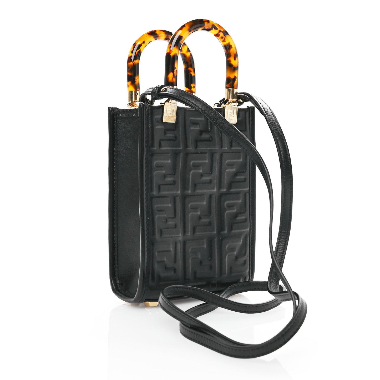 Vitello Plexiglass FF Embossed Mini Fendi Sunshine Shopper Tote Black