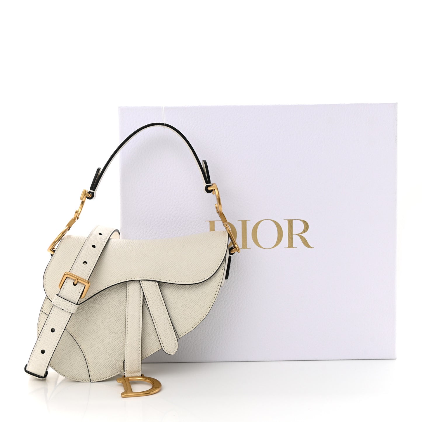 Grained Calfskin Mini Saddle Bag With Strap White