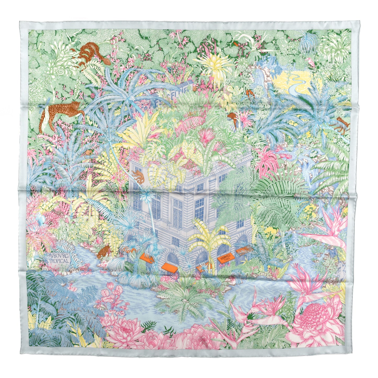 Silk Twill Faubourg Tropical Scarf 90 Bleu Vert Jaune