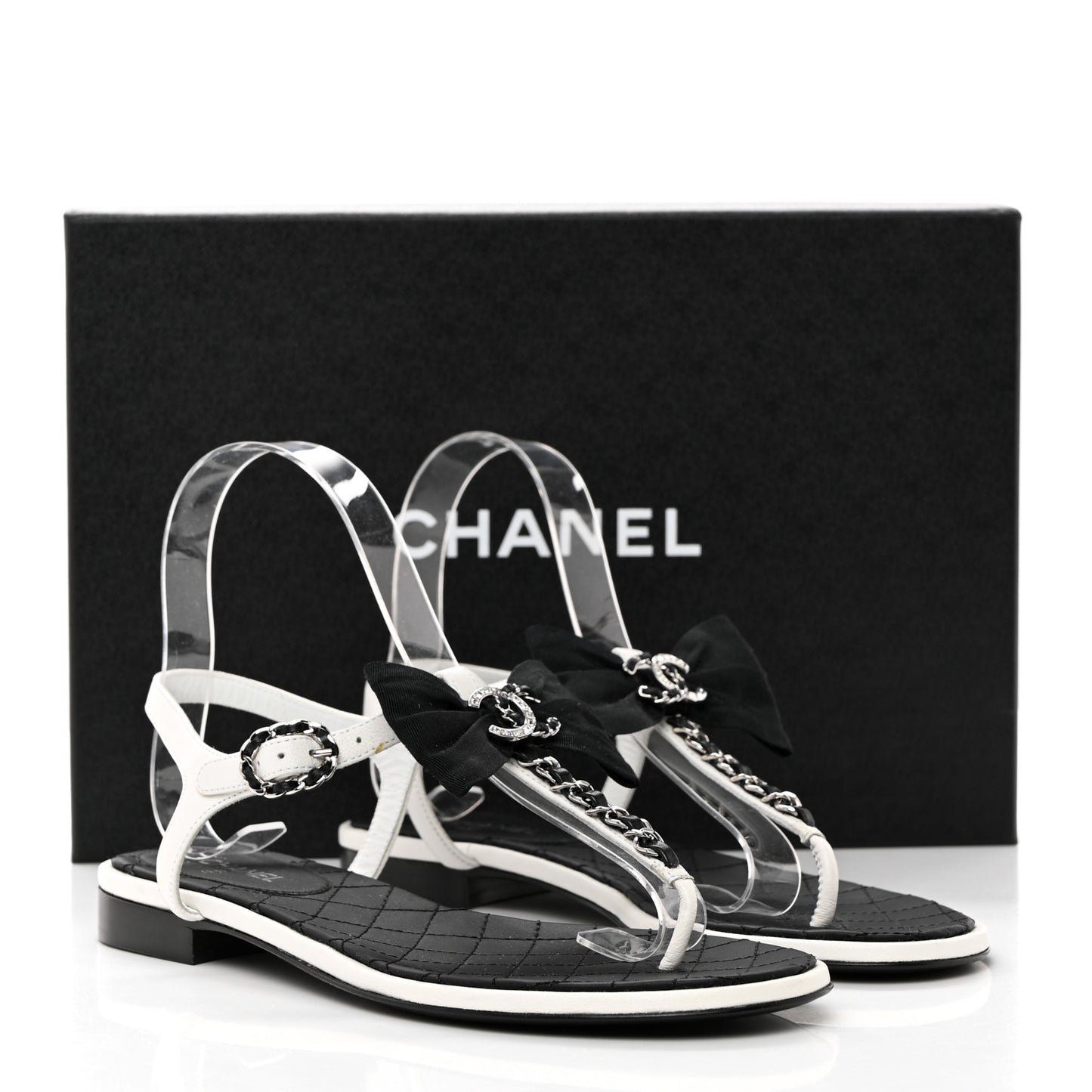 Lambskin Crystal Chain CC Logo Thong Sandals 37 White