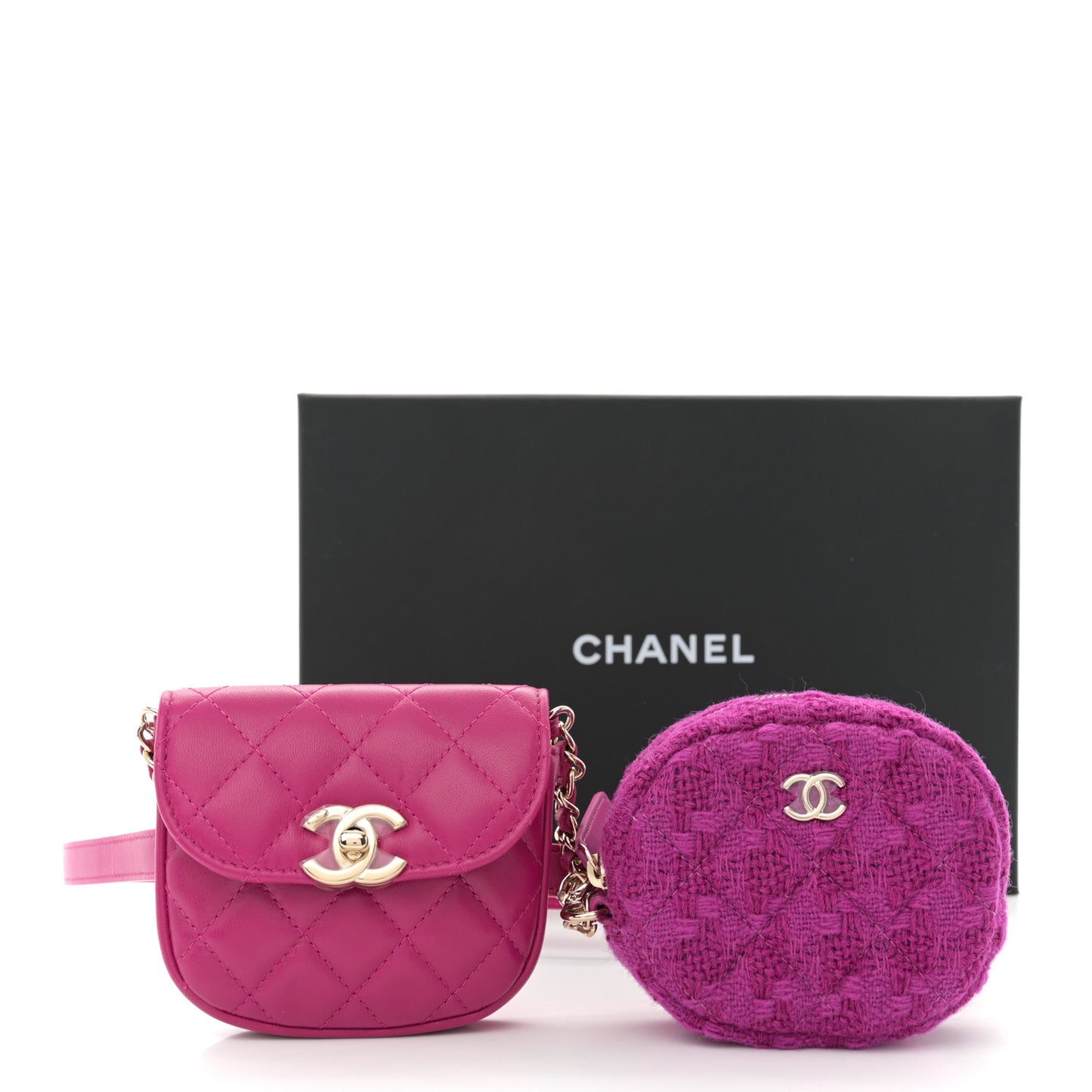 Tweed Lambskin Quilted Waist Bag With Coin Purse Fuchsia
